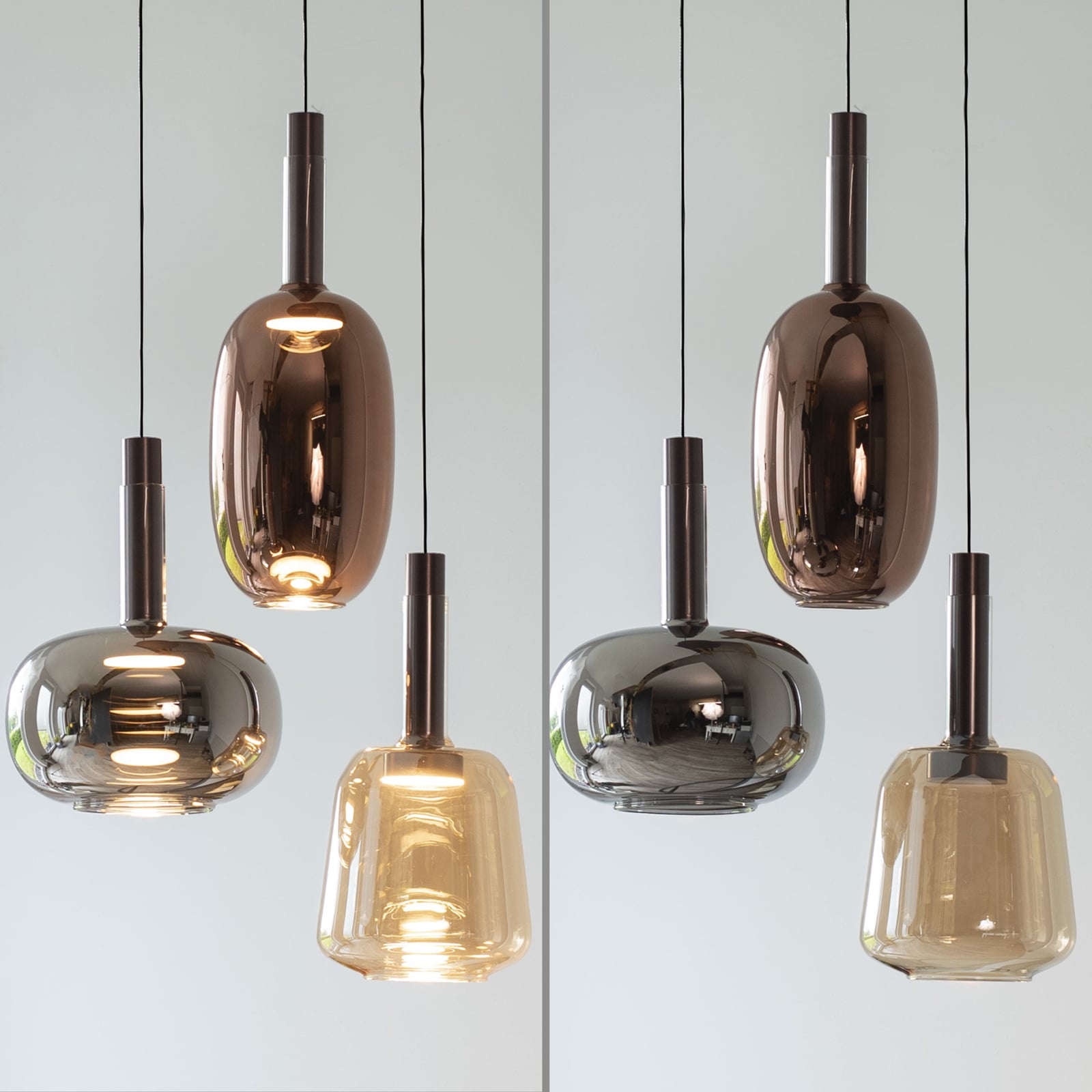 LED pendellampe Irides 3-lys farget glass dimbar Ø43 cm sideprofil