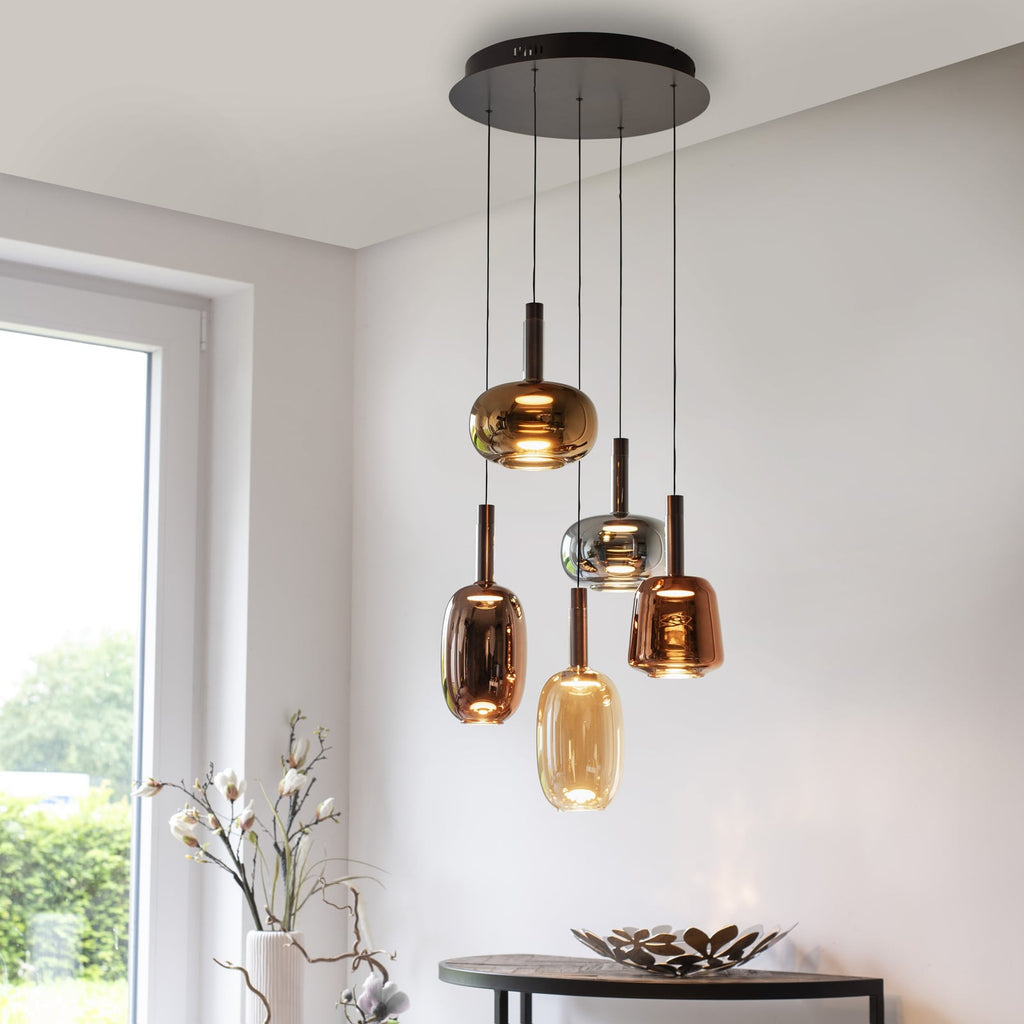 LED pendellampe Irides 5-lys farget glass Ø55 cm dimbar bakside
