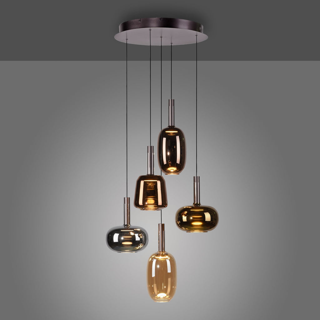 Nærbilde av LED pendellampe Irides 5-lys farget glass dimmer