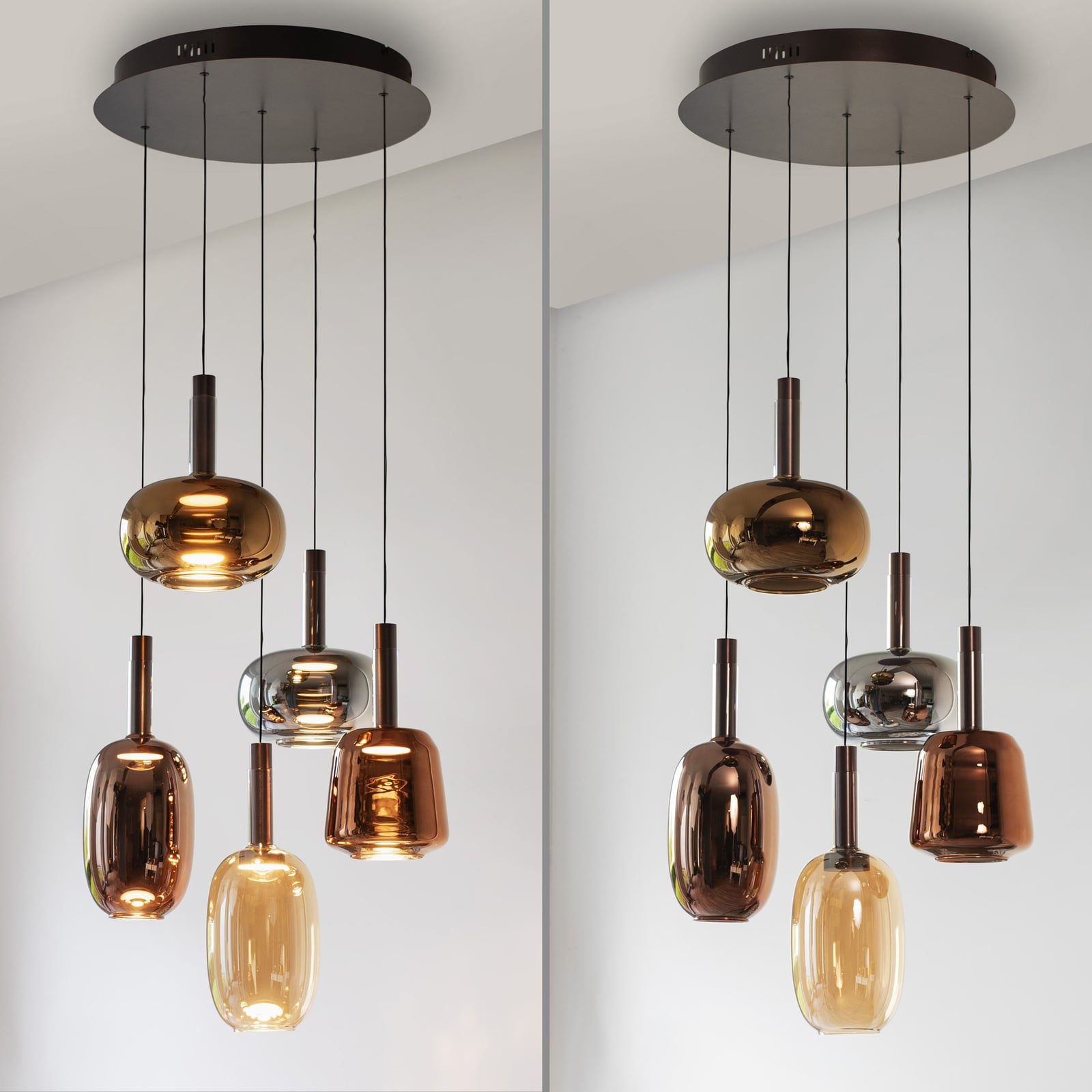 LED pendellampe Irides 5-lys farget glass Ø55 cm dimbar side