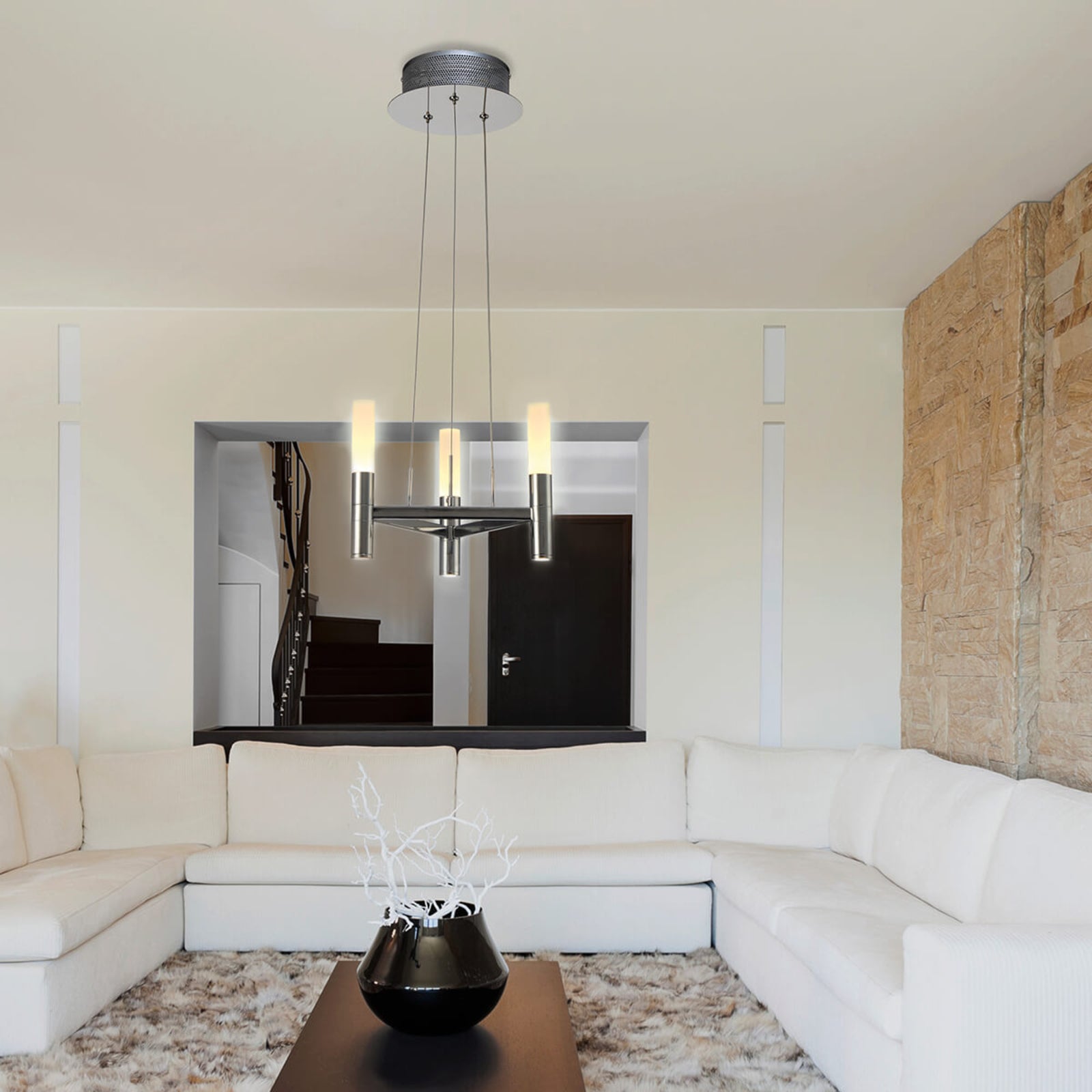 LED pendellampe Irina 3-lys dimbar krom akryl montert i rom