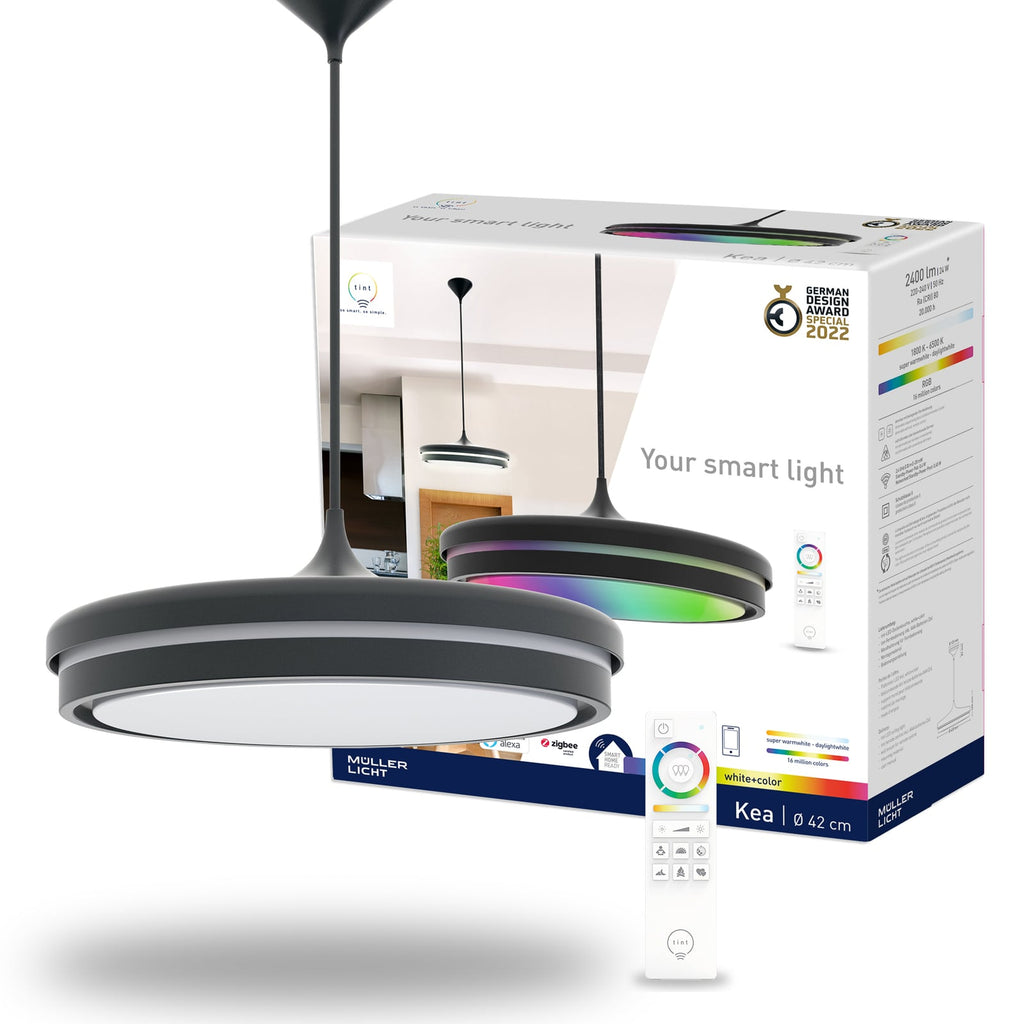 LED pendellampe Kea svart CCT RGB Ø42 cm montert i rom
