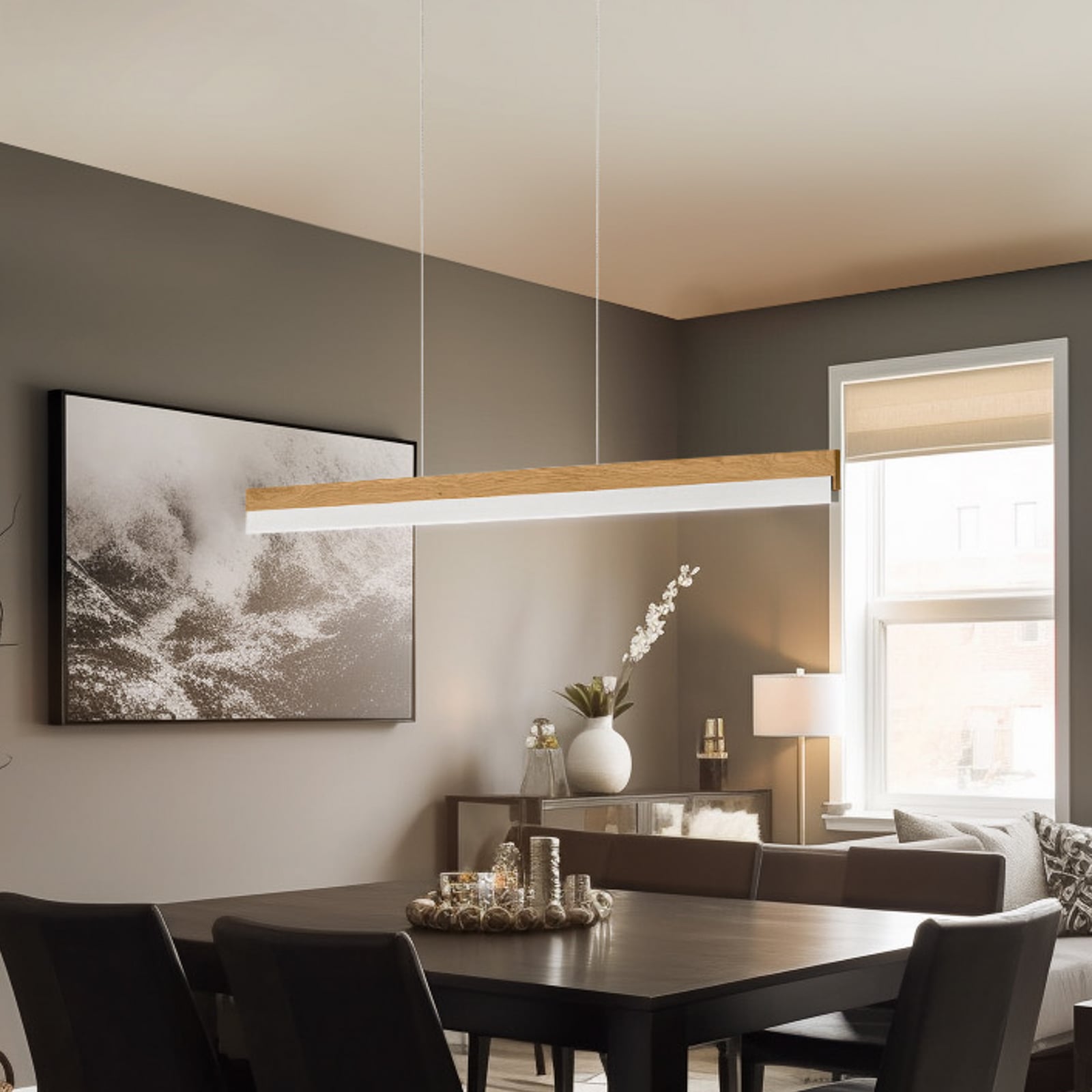 LED pendellampe Keijo eik matt nikkel dimbar 103 cm forfra