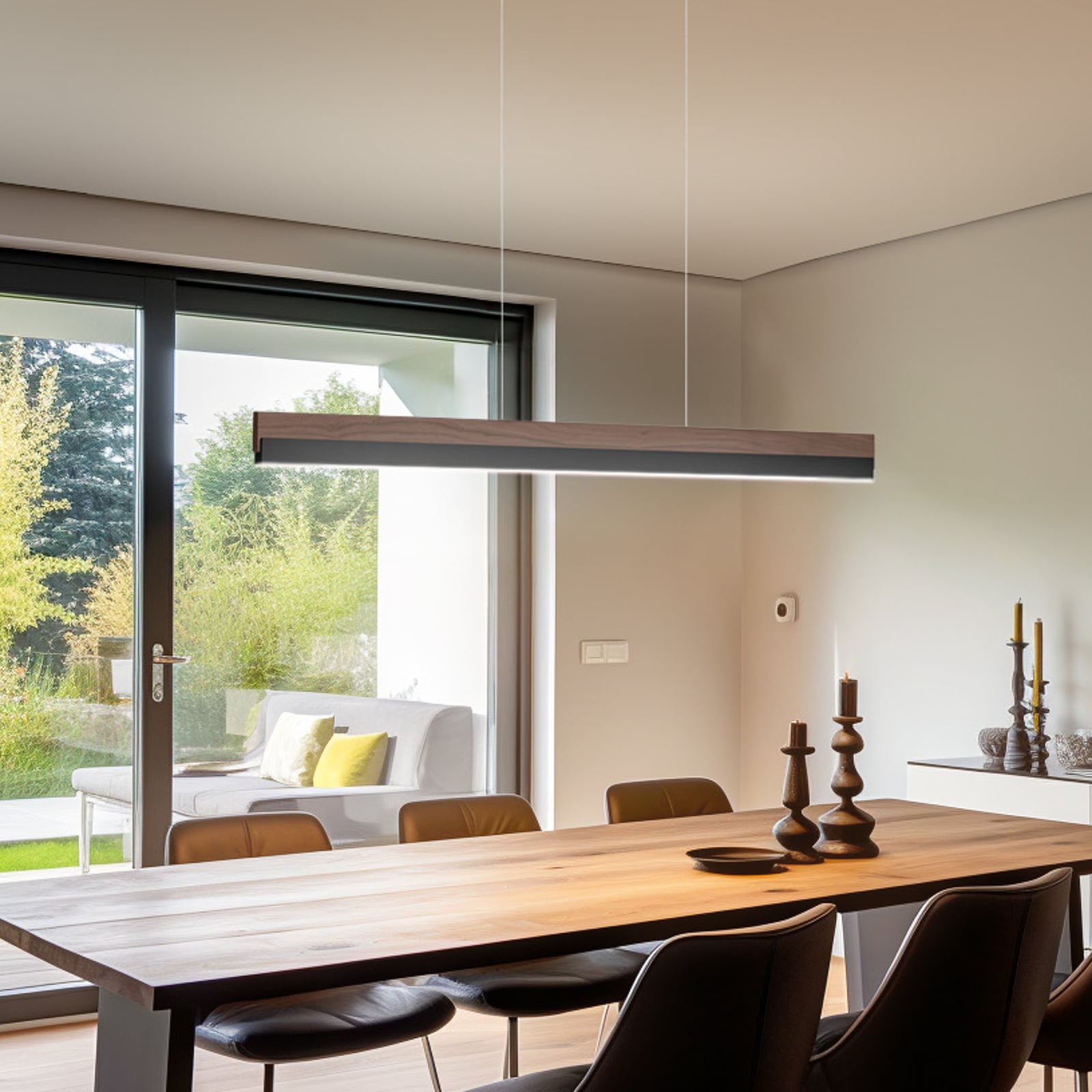 LED pendellampe Keijo valnøtt/svart dimbar 103 cm forfra
