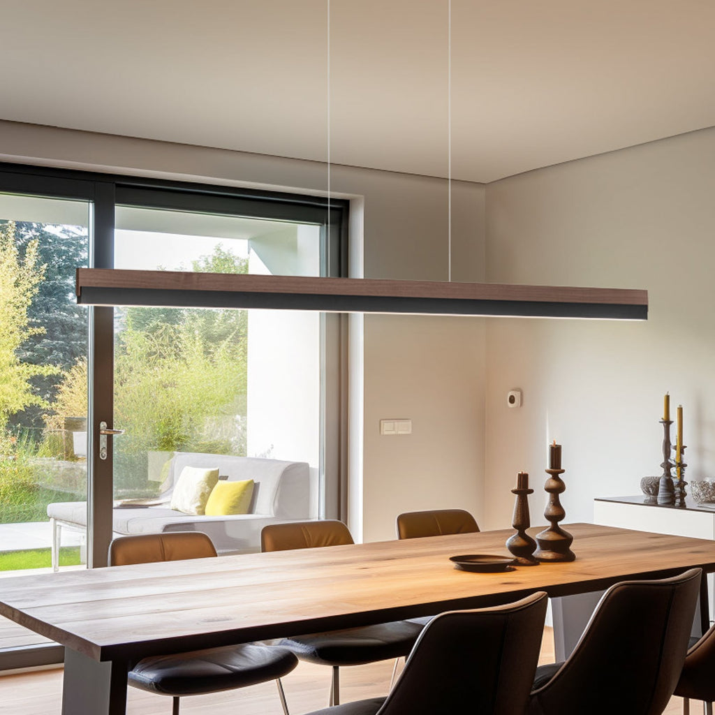LED pendellampe Keijo valnøtt/svart dimbar 143 cm forfra