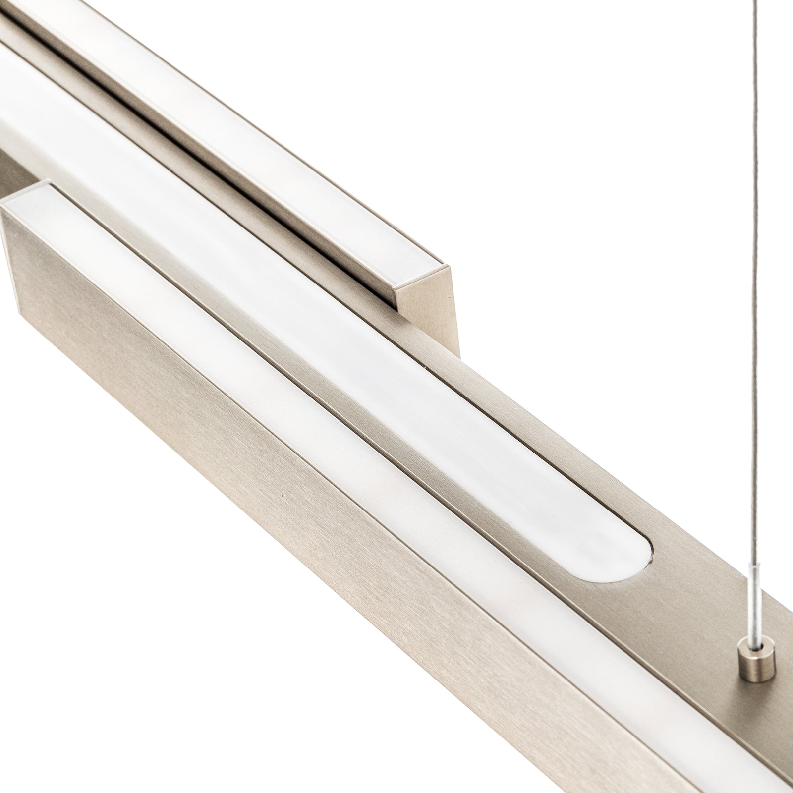 Nærbilde av LED pendellampe Lara matt nikkel 134 cm dimbar metallfinish