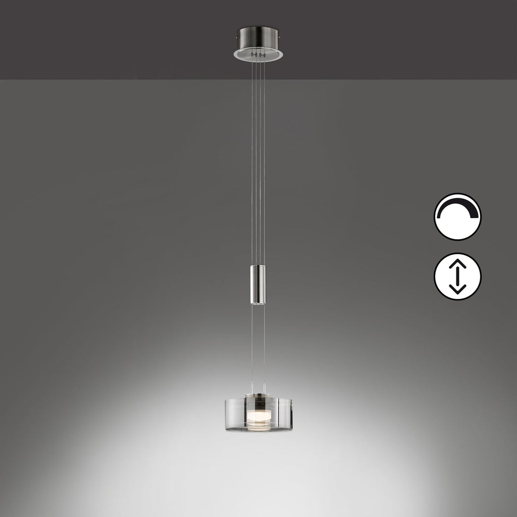 LED pendellampe LAVIN dimbar matt nikkel røykglass detalj