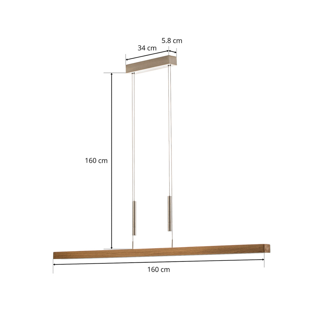LED pendellampe Leonora opp/ned dimbar massivtre 160 cm eik emballasje og merke
