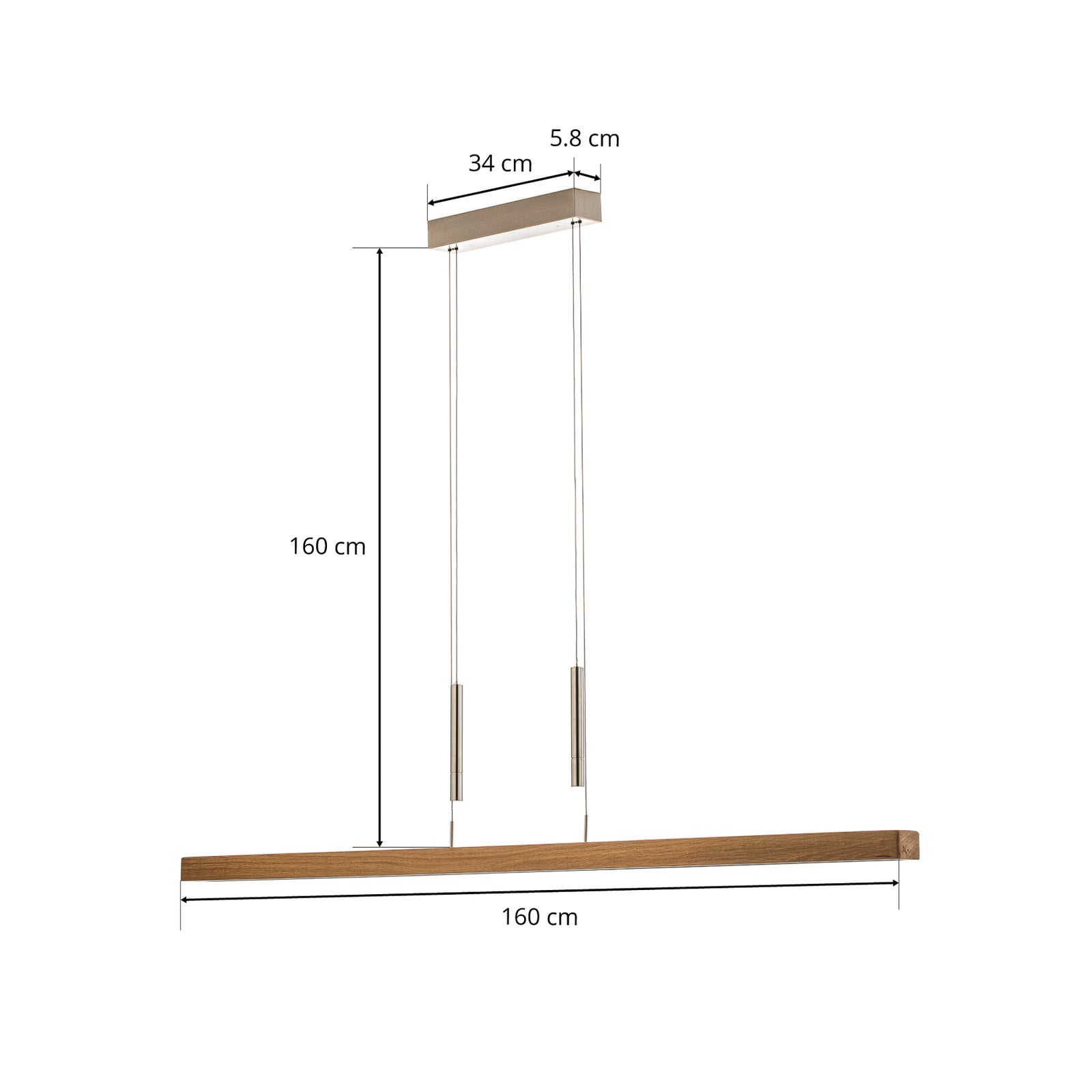 LED pendellampe Leonora opp/ned dimbar massivtre 160 cm eik emballasje og merke