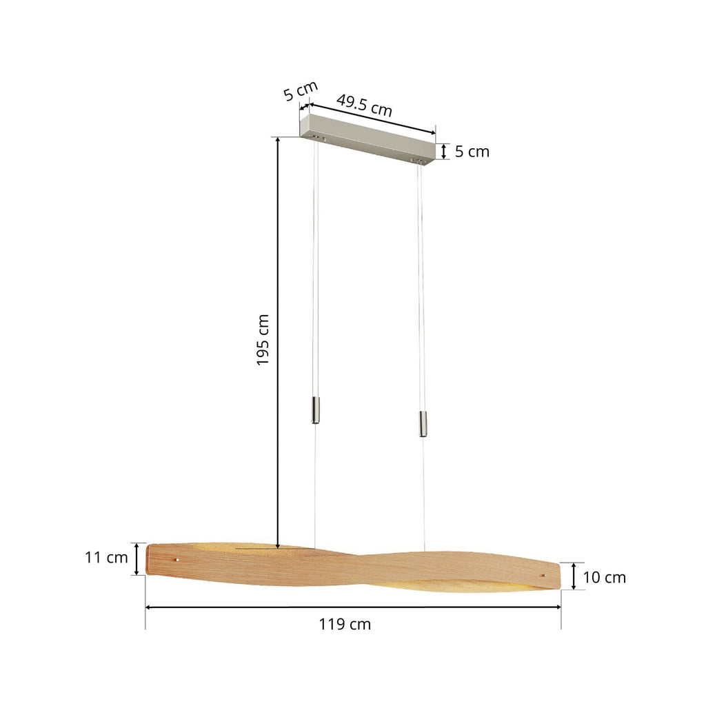 LED pendellampe Lian dimbar eik natur 119 cm 34W lysbilde opp og ned