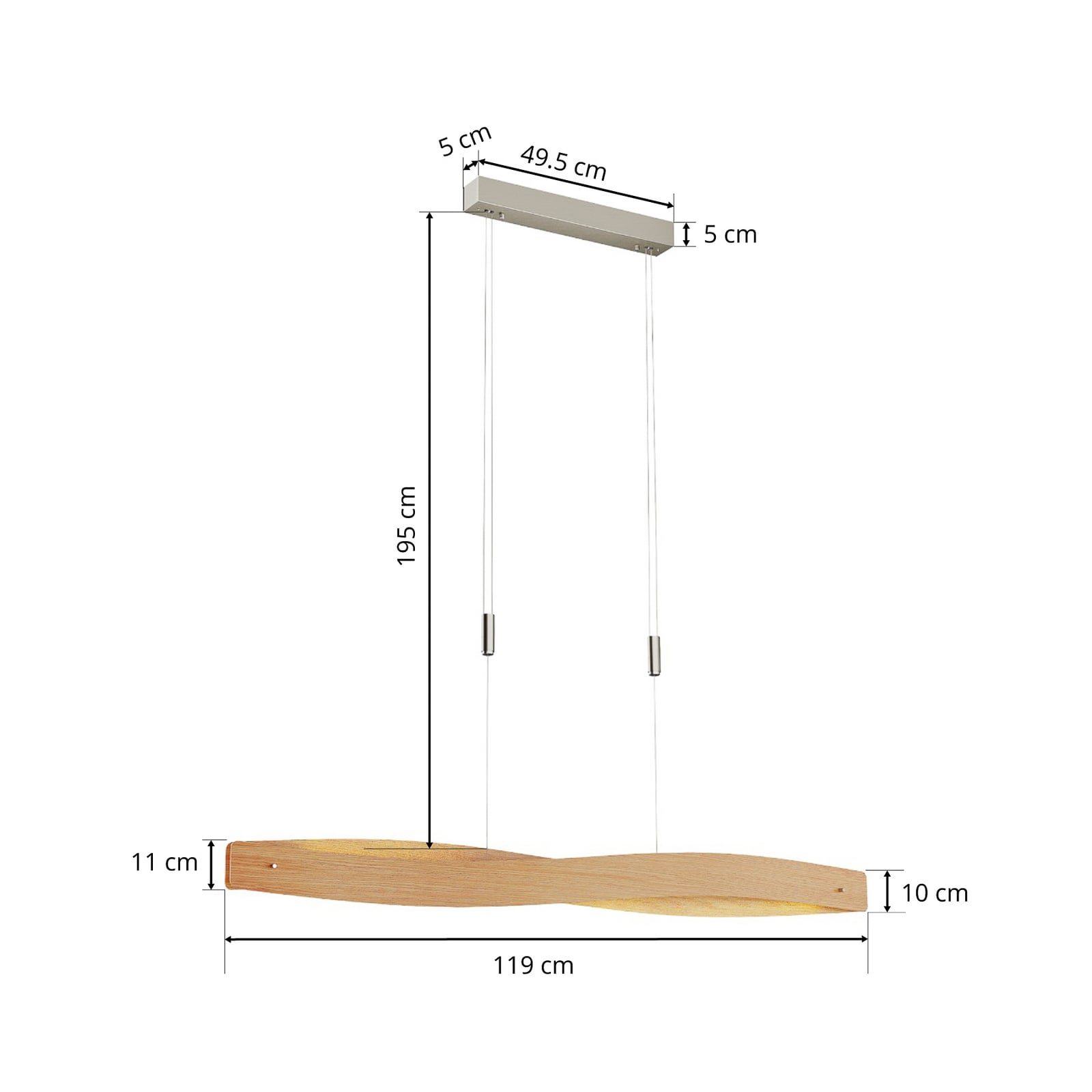 LED pendellampe Lian dimbar eik natur 119 cm 34W lysbilde opp og ned