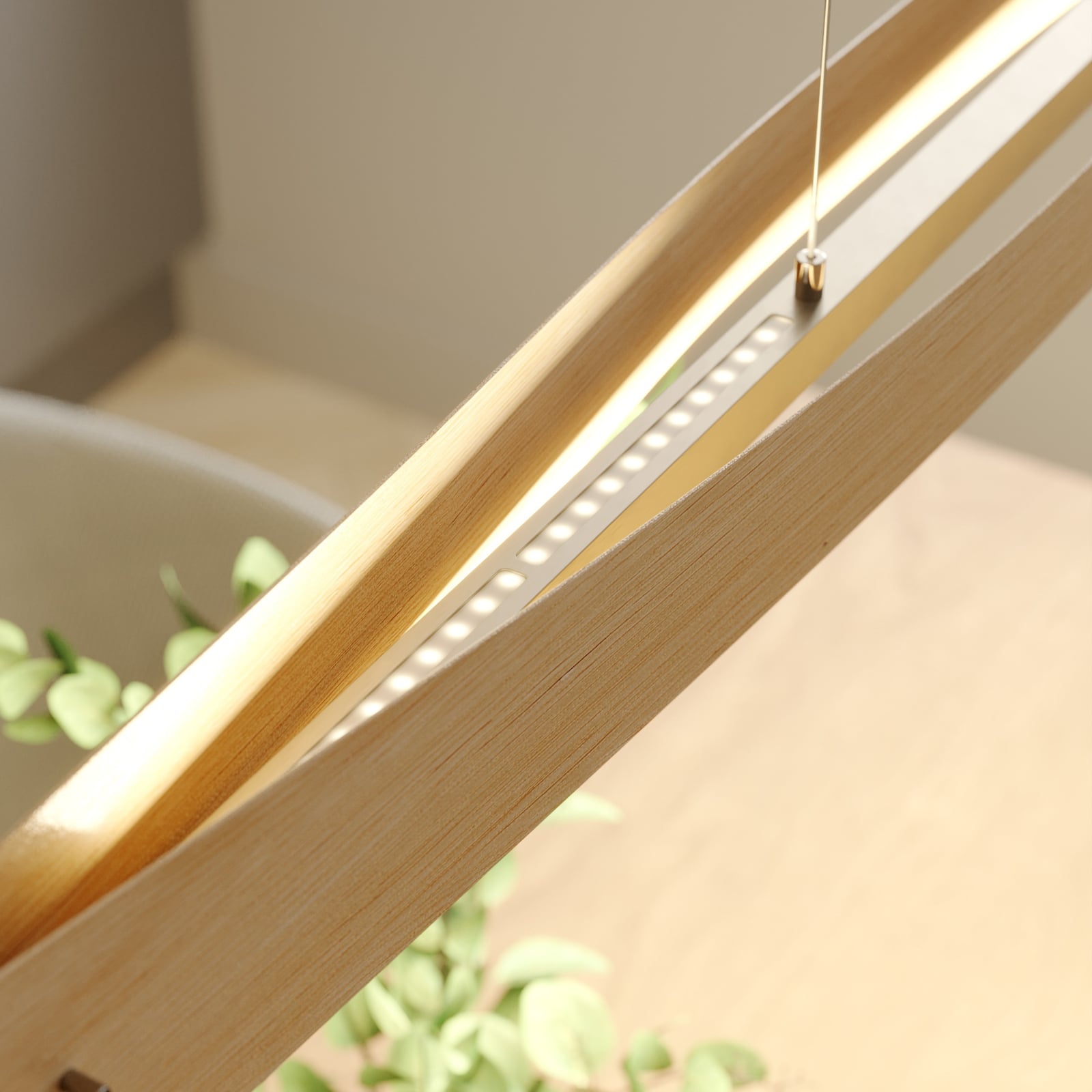 Lyskilde i LED pendellampe Lian eik høydejusterbar dimbar 118 cm