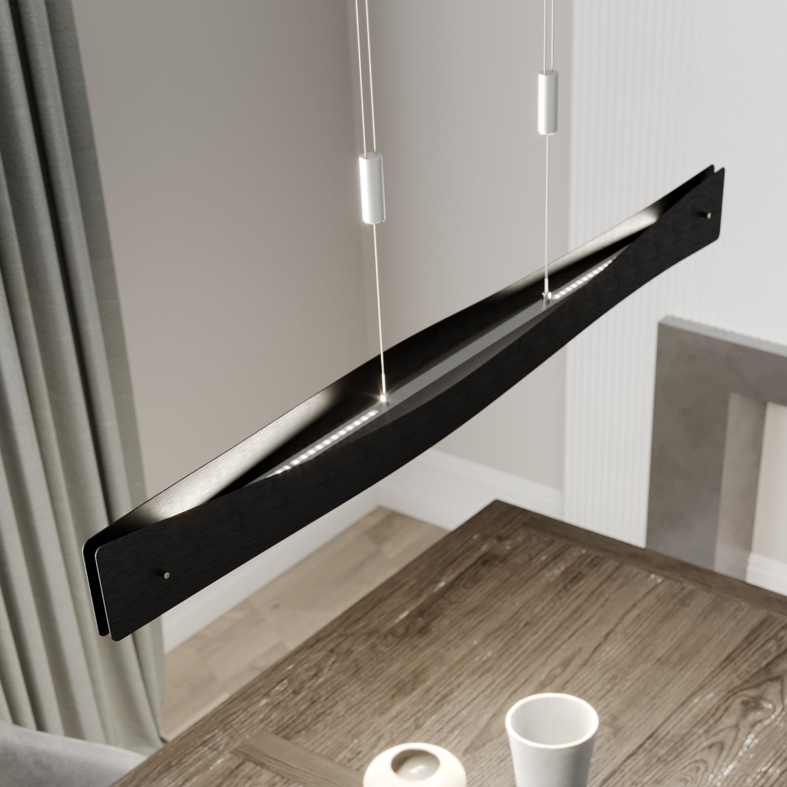 LED pendellampe Lian høydejusterbar dimbar svart/alu 118 cm forfra