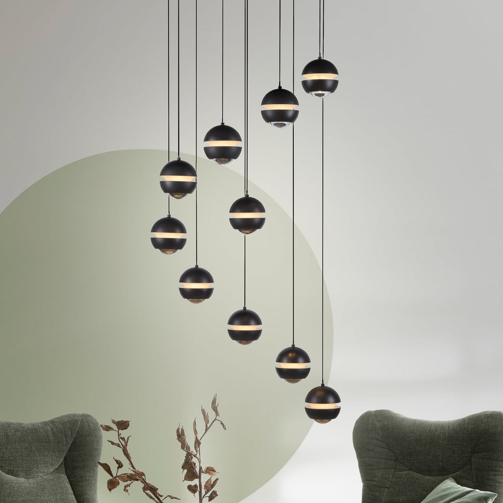 LED pendellampe Lini 10-lys spiral dimbar svart forfra