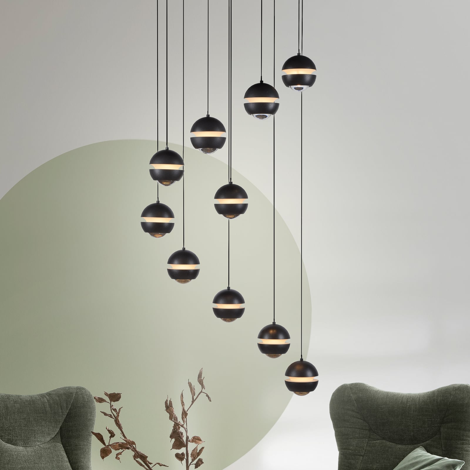 LED pendellampe Lini 10-lys spiral dimbar svart forfra