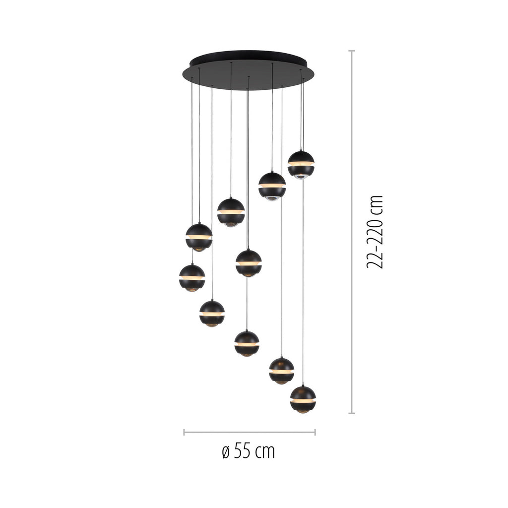 LED pendellampe Lini 10-lys spiral dimbar svart detalj av lysmoduler