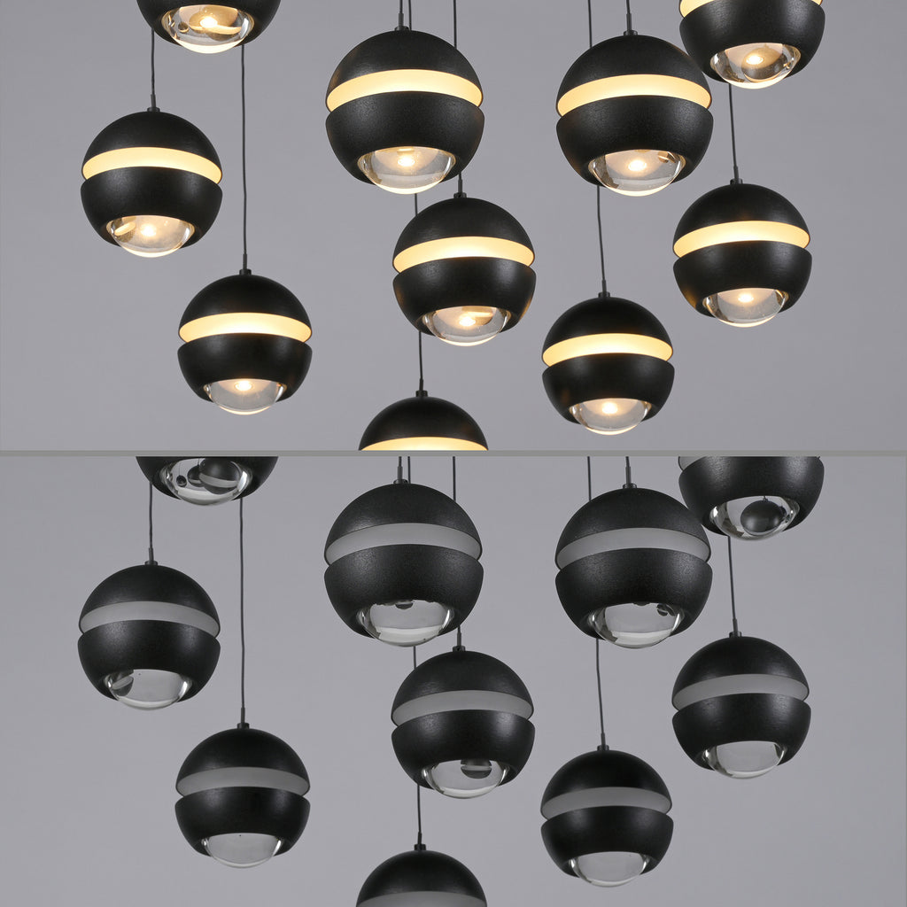 LED pendellampe Lini 10-lys spiral dimbar svart lysdetalj