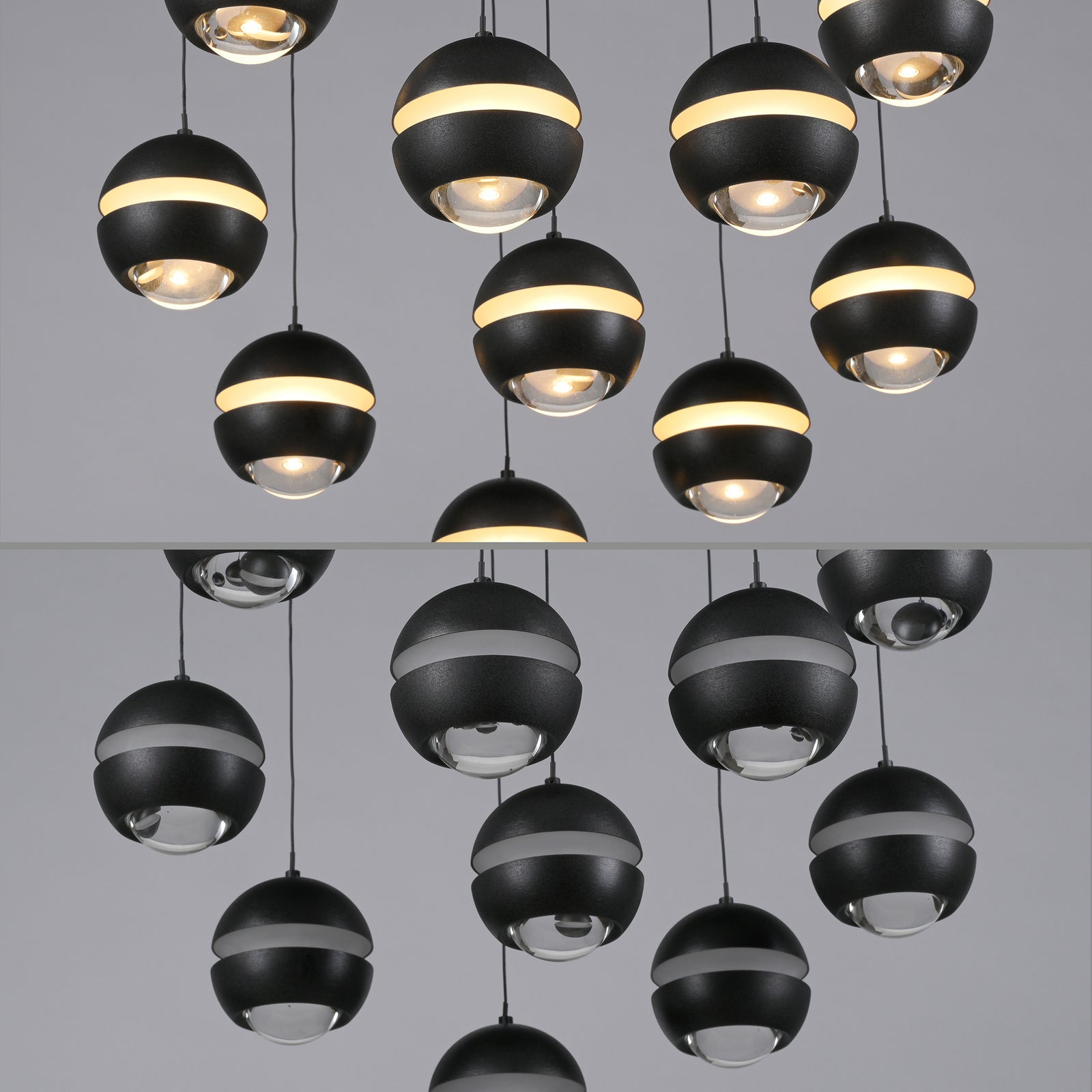 LED pendellampe Lini 10-lys spiral dimbar svart lysdetalj