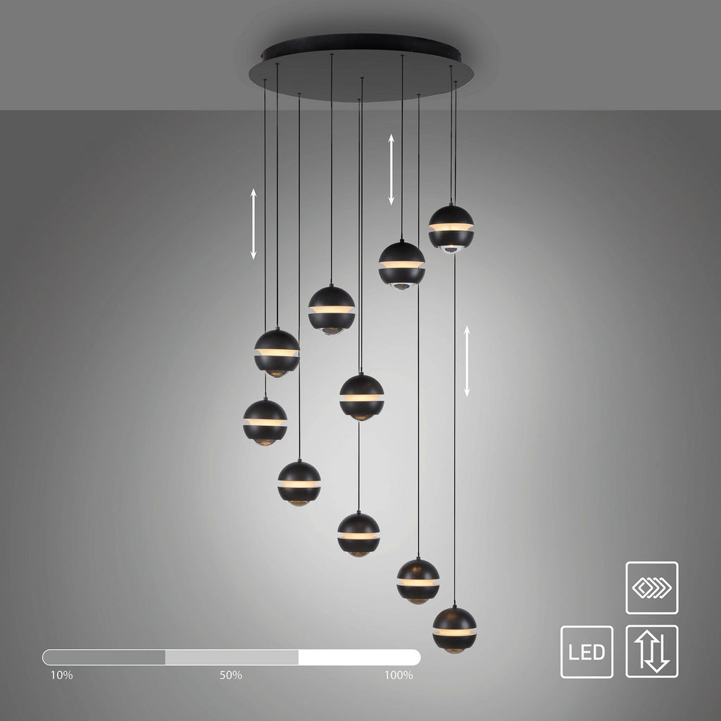 LED pendellampe Lini 10-lys spiral dimbar svart fra siden