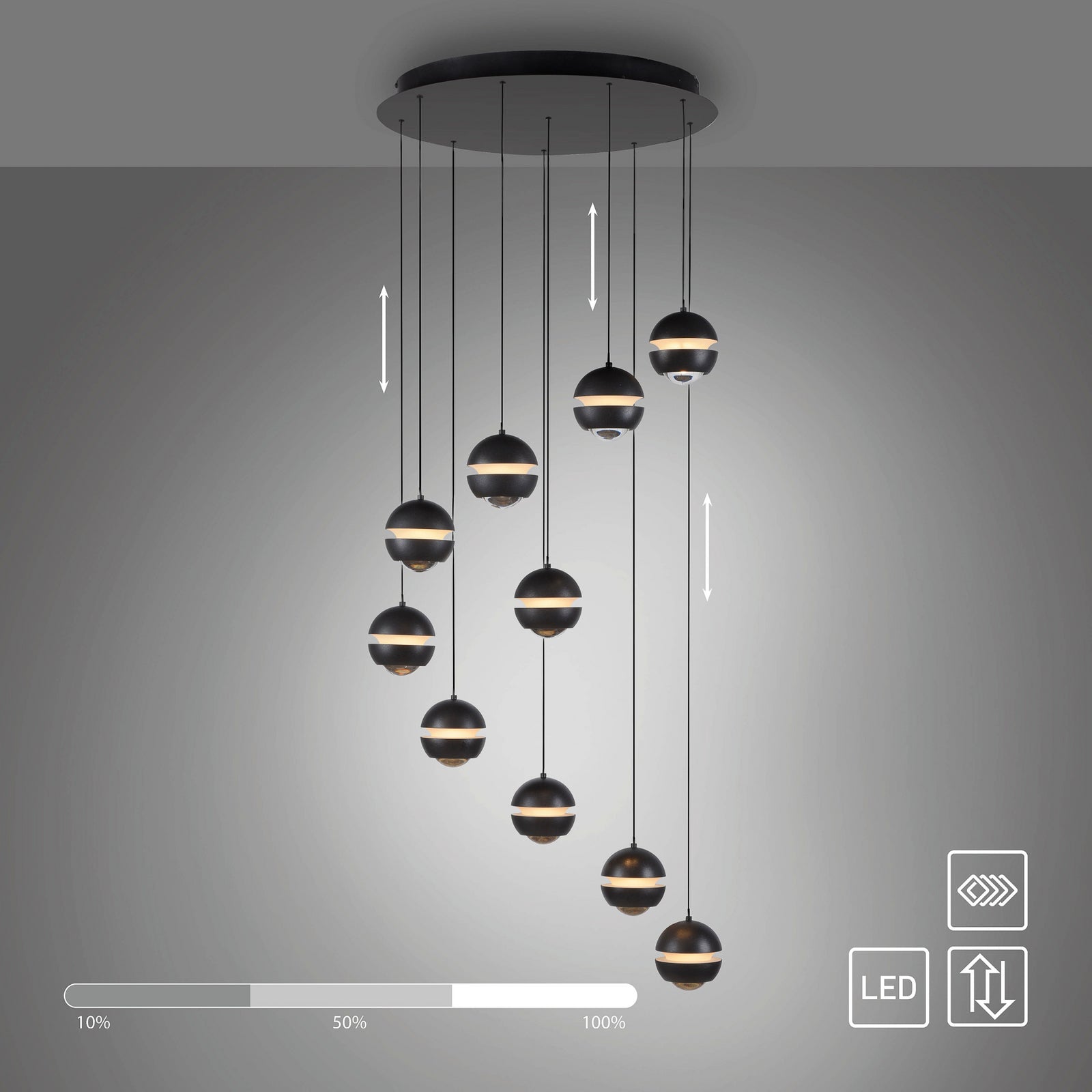 LED pendellampe Lini 10-lys spiral dimbar svart fra siden
