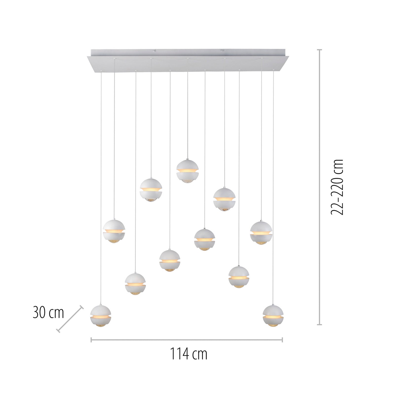 LED pendellampe Lini 11-lys dimbar hvit 114 cm detalj av lyspærer