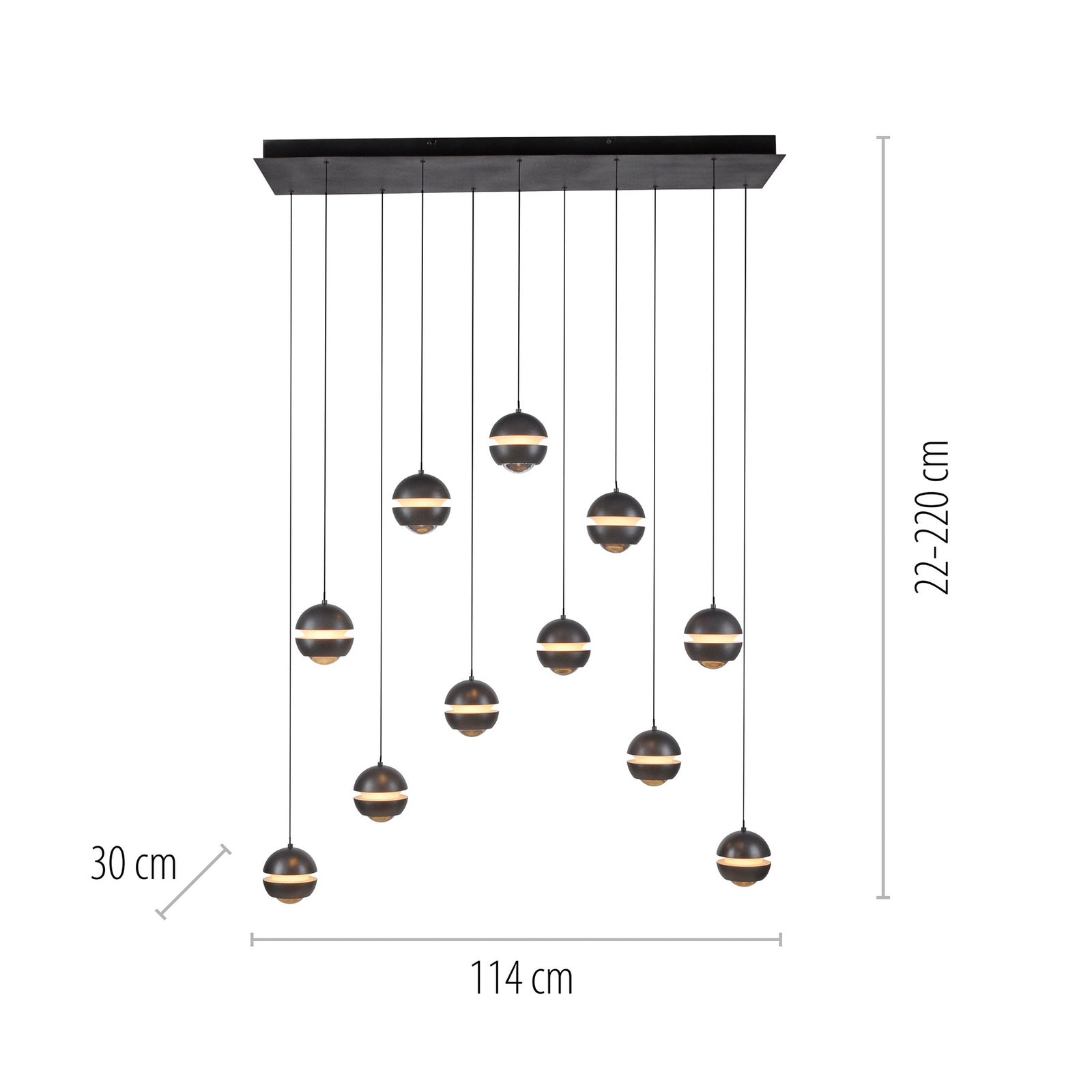 LED pendellampe Lini 11-lys dimbar svart 114 cm detalj