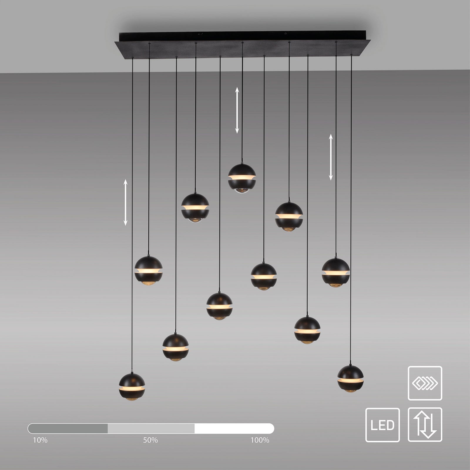 LED pendellampe Lini 11-lys dimbar svart 114 cm justering