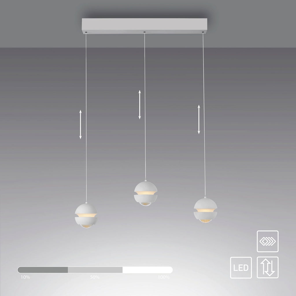 LED pendellampe Lini 3-lys hvit kuleform dimbar designdetalj