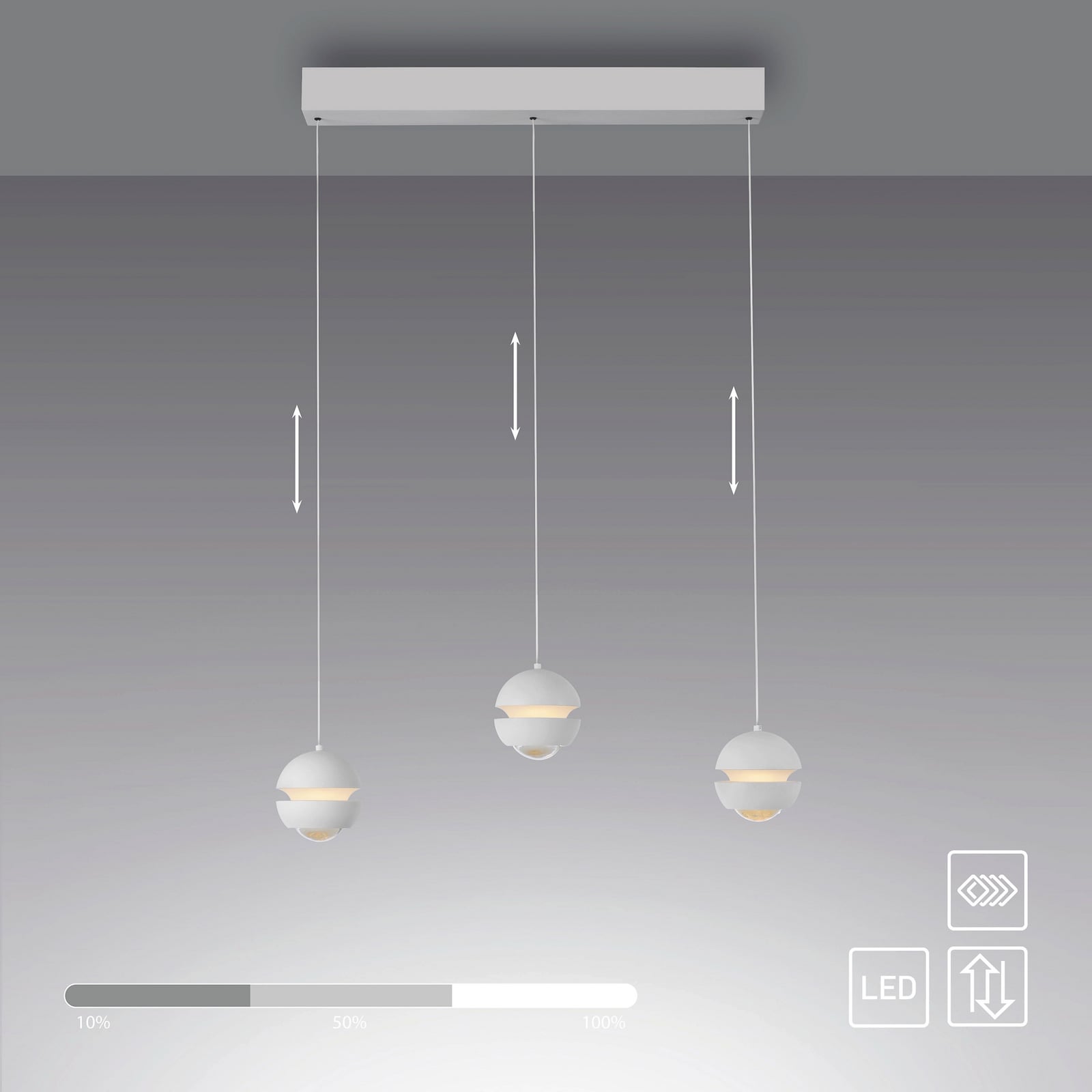 LED pendellampe Lini 3-lys hvit kuleform dimbar designdetalj