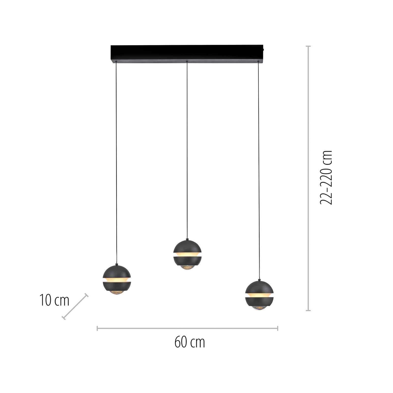 LED pendellampe Lini 3-lys kuleform svart 60 cm detalj av lampe