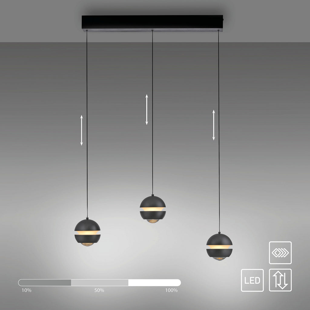 LED pendellampe Lini 3-lys kuleform svart 60 cm lys i bruk