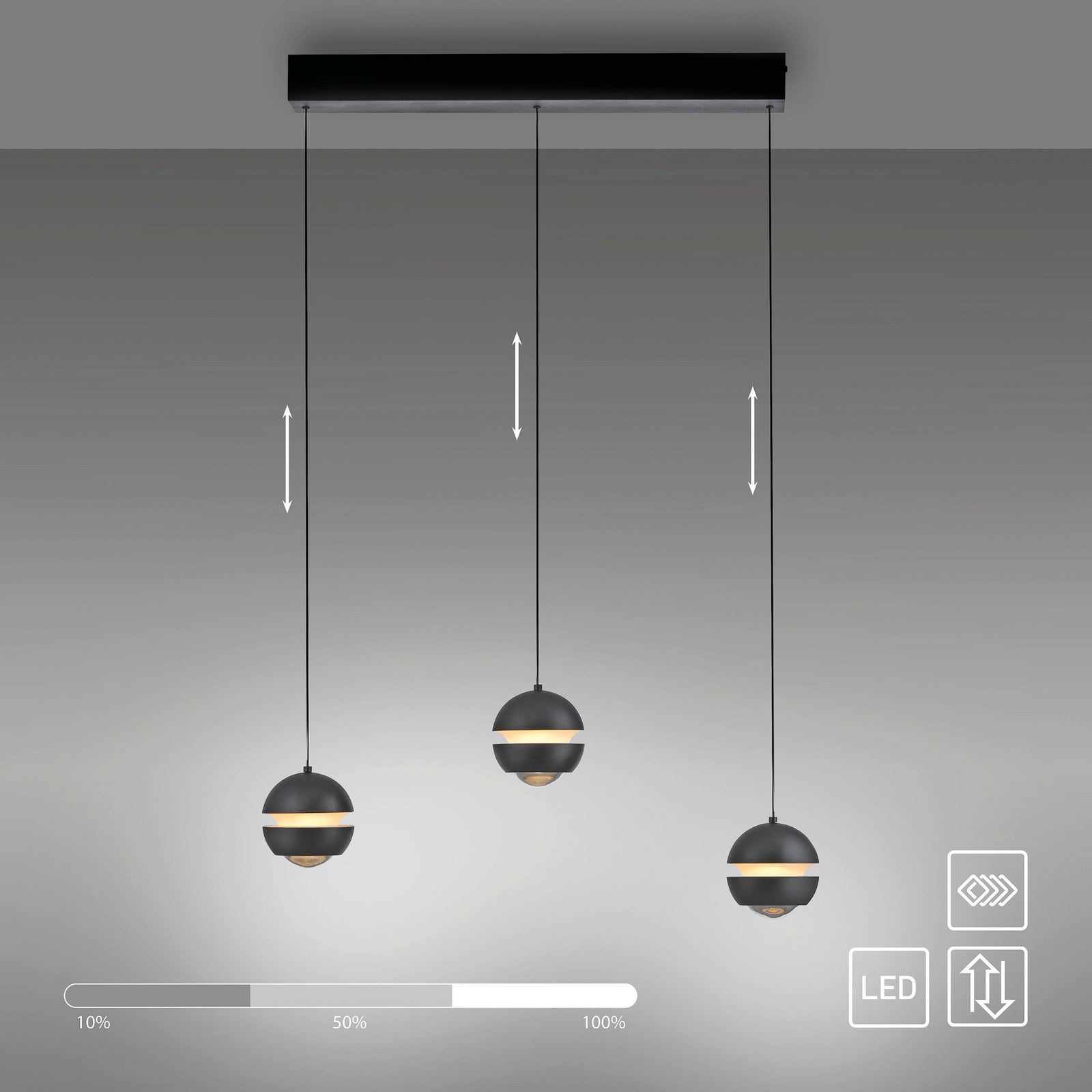 LED pendellampe Lini 3-lys kuleform svart 60 cm lys i bruk