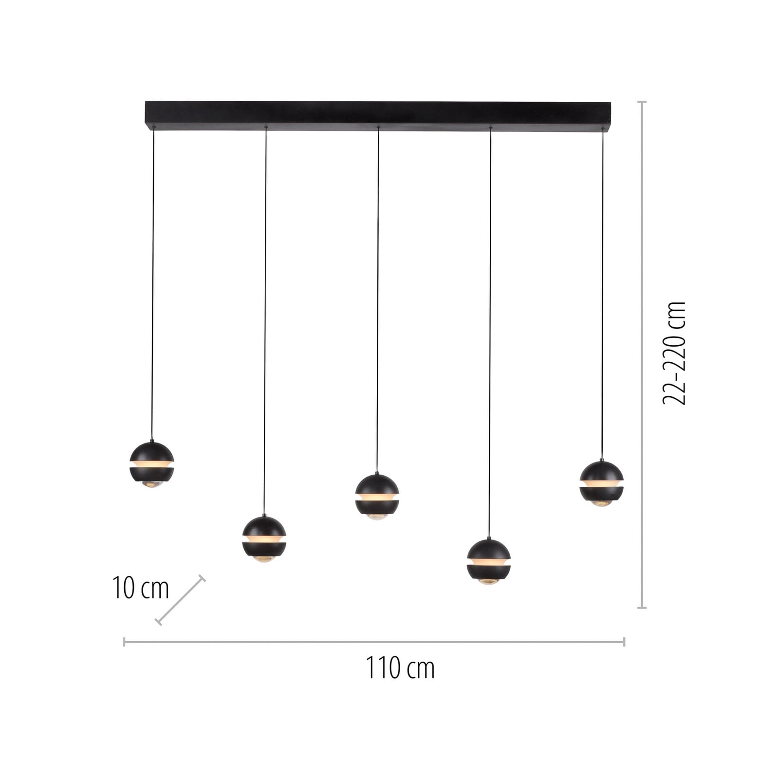 LED pendellampe Lini 5-lys svart 110 cm dimbar detalj av lampeskjerm