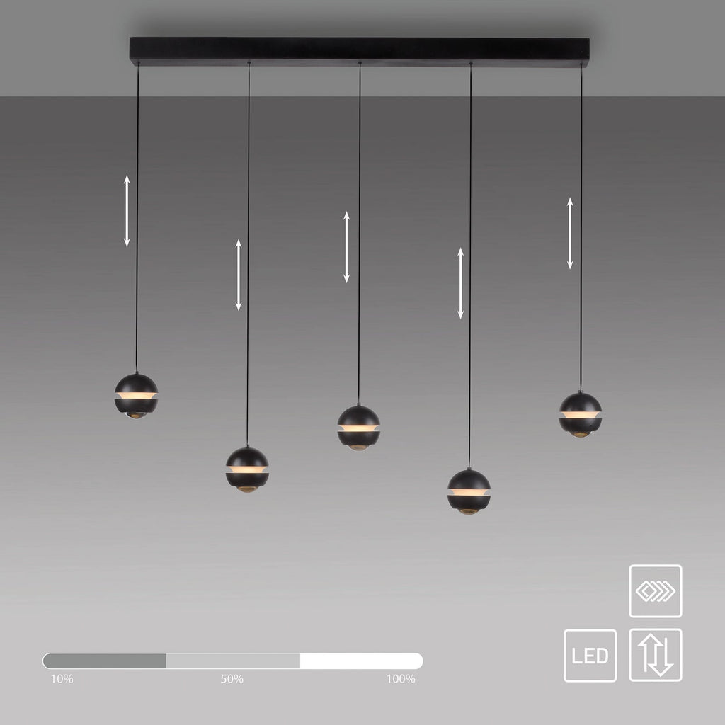 LED pendellampe Lini 5-lys svart 110 cm dimbar med lys på