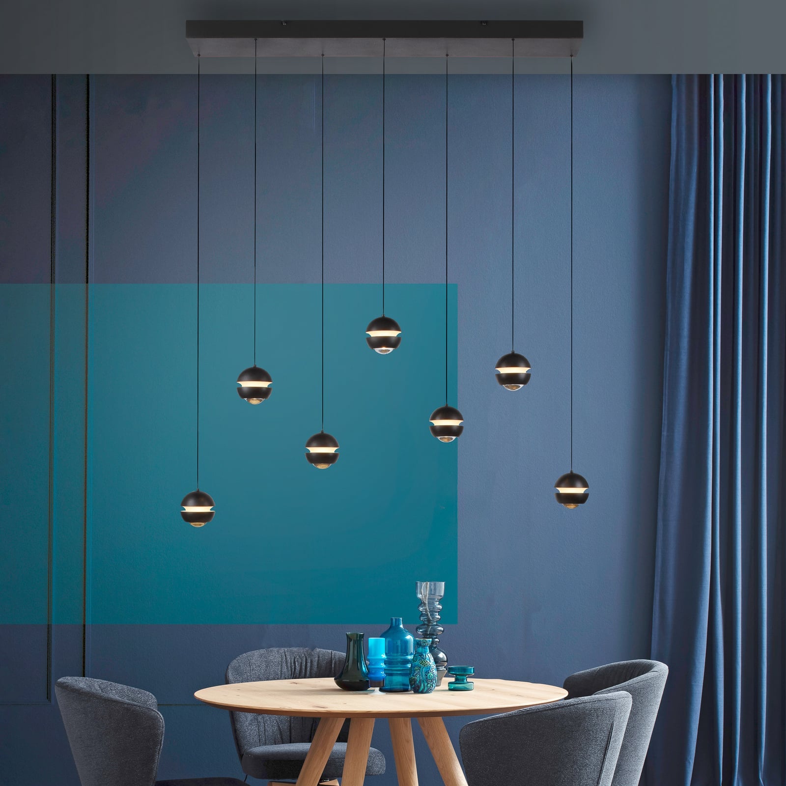 LED pendellampe Lini 7-lys dimbar kuleformet 90 cm svart bakside