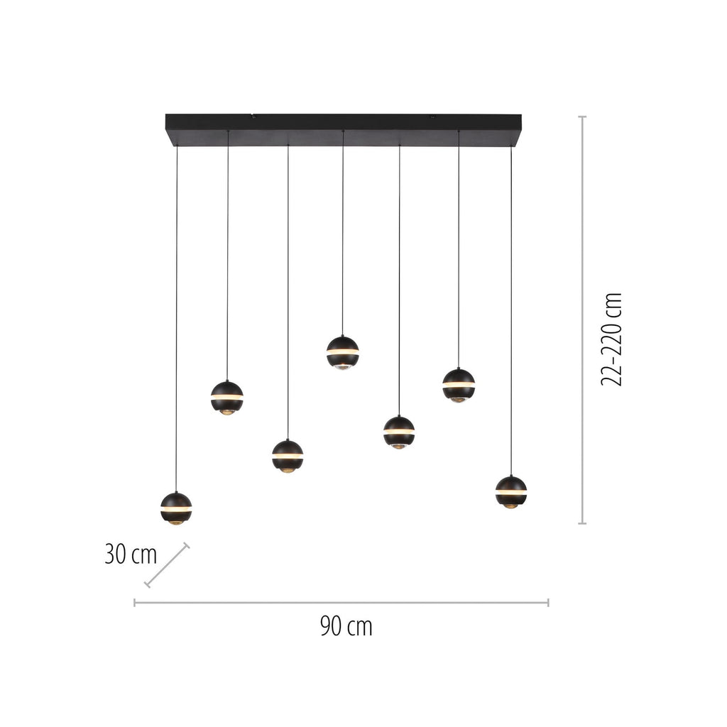 LED pendellampe Lini 7-lys dimbar kuleformet 90 cm svart detalj