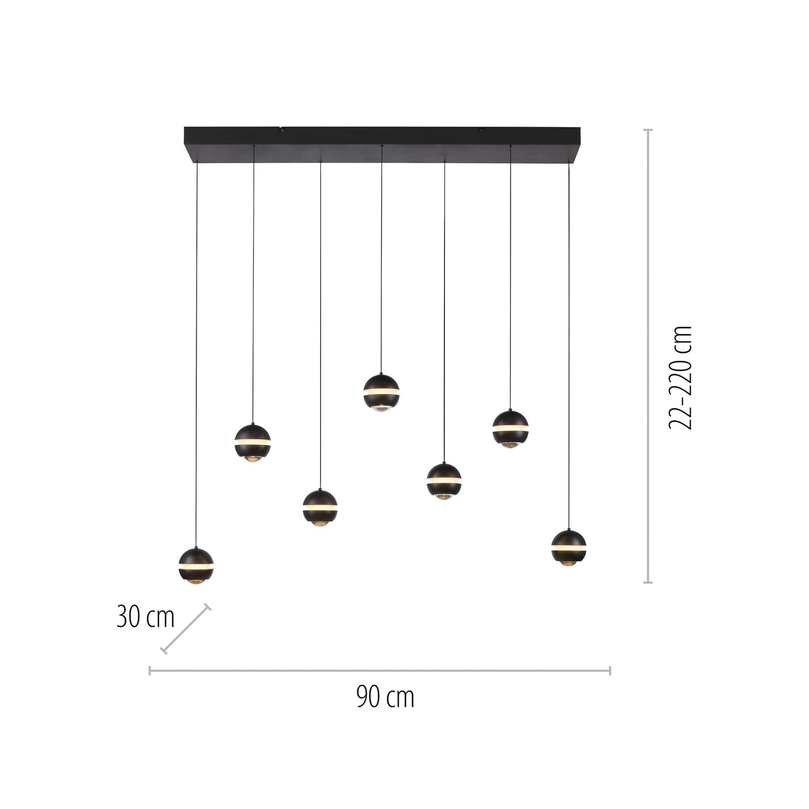 LED pendellampe Lini 7-lys dimbar kuleformet 90 cm svart detalj