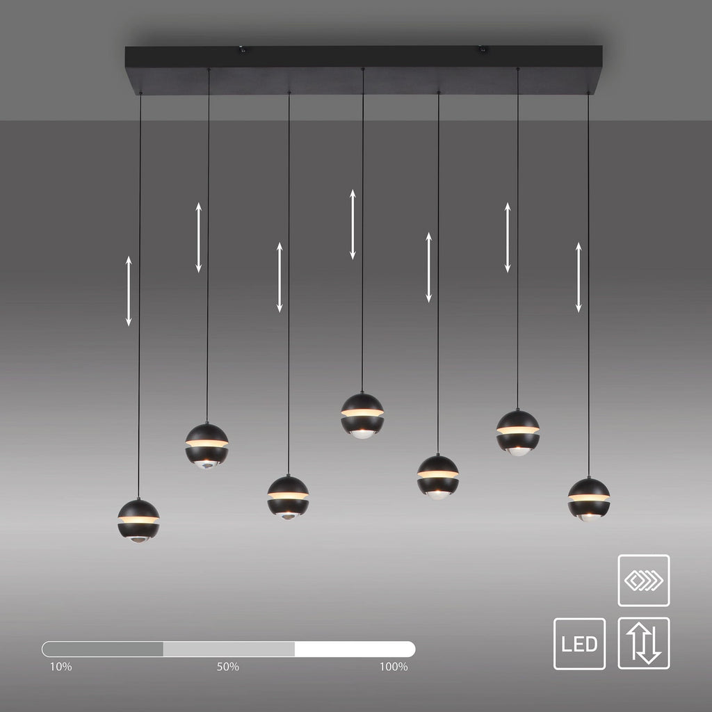 LED pendellampe Lini 7-lys dimbar kuleformet 90 cm svart bredde og mål