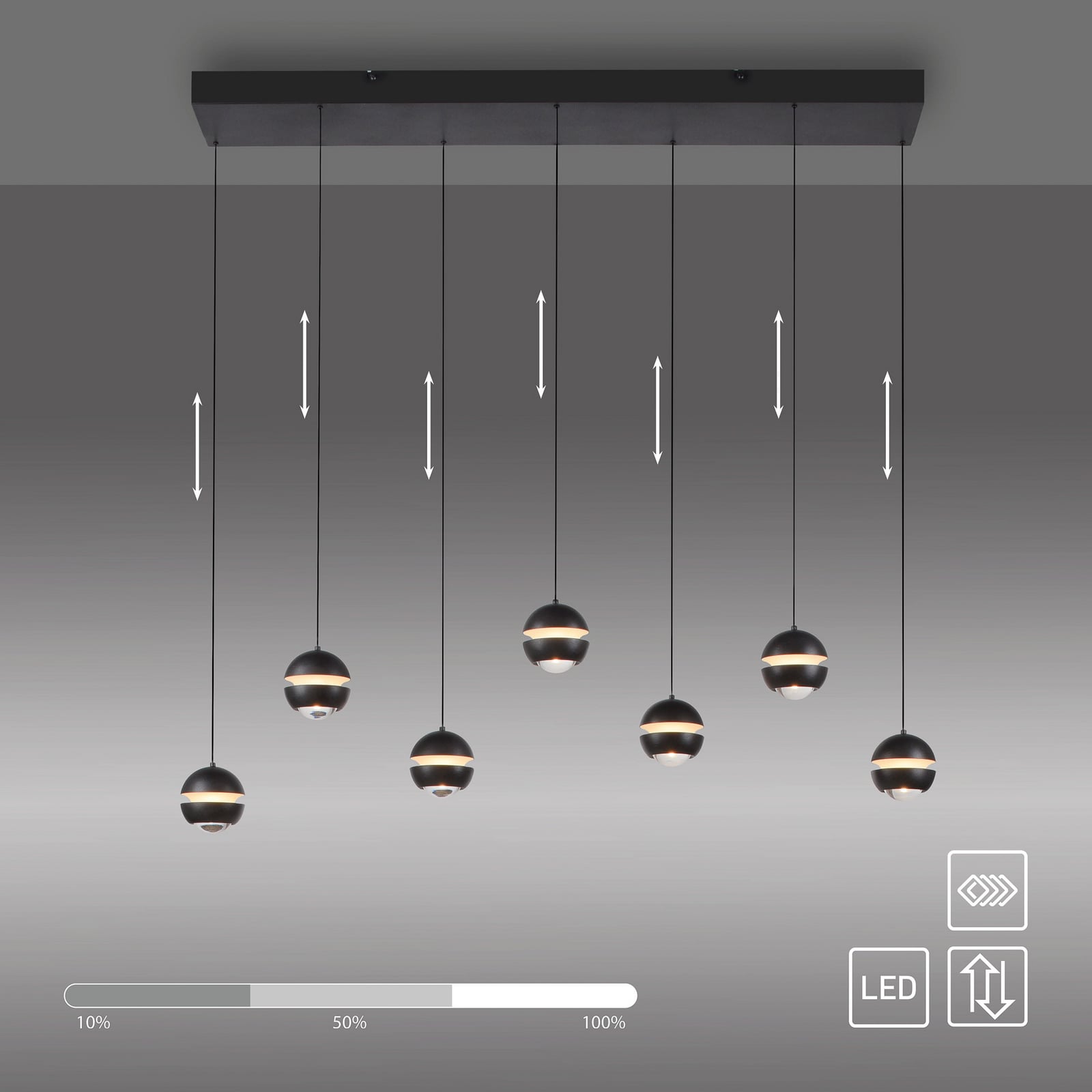 LED pendellampe Lini 7-lys dimbar kuleformet 90 cm svart bredde og mål