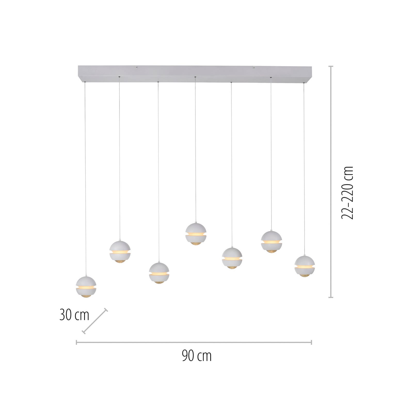 LED pendellampe Lini 7-lys hvit dimbar 90 cm detalj av lyspærer