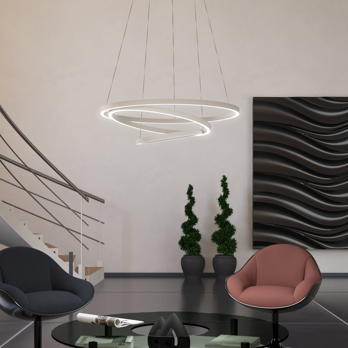 Montert LED pendellampe Lobinero-Z 3-ringer hvit dimbar Ø58 cm i rom