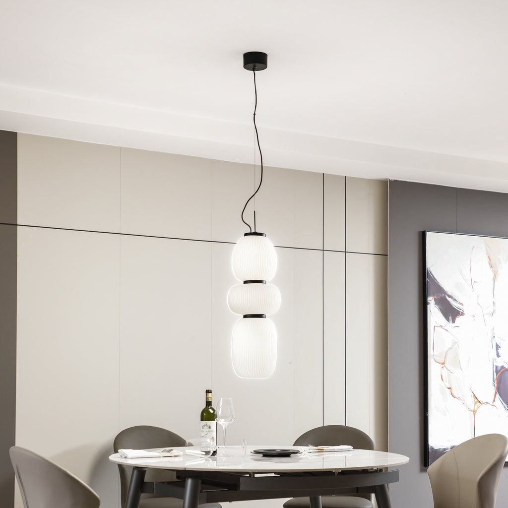LED pendellampe Lucya 3-lys glass hvit dimbar Ø24 cm bakside