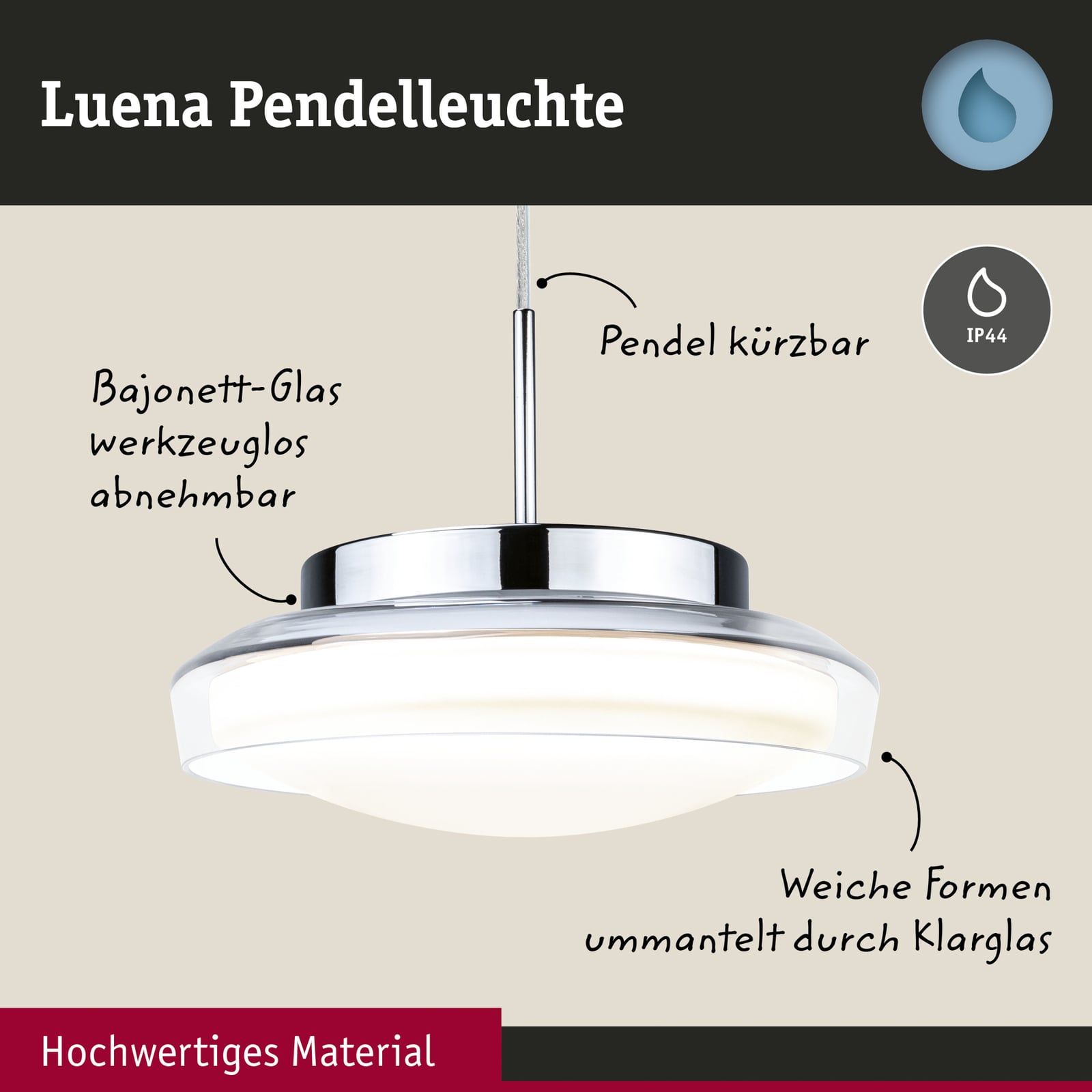 LED pendellampe Luena glass krom Ø25 cm nærbilde