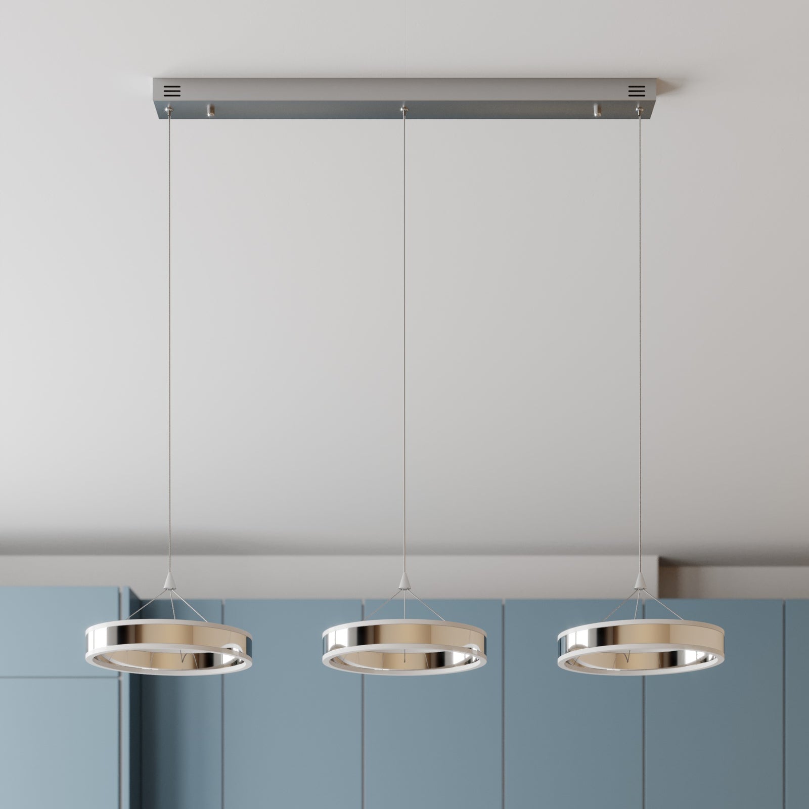 LED pendellampe Lyani 3-lys krom dimbar 115 cm detalj av kromringer