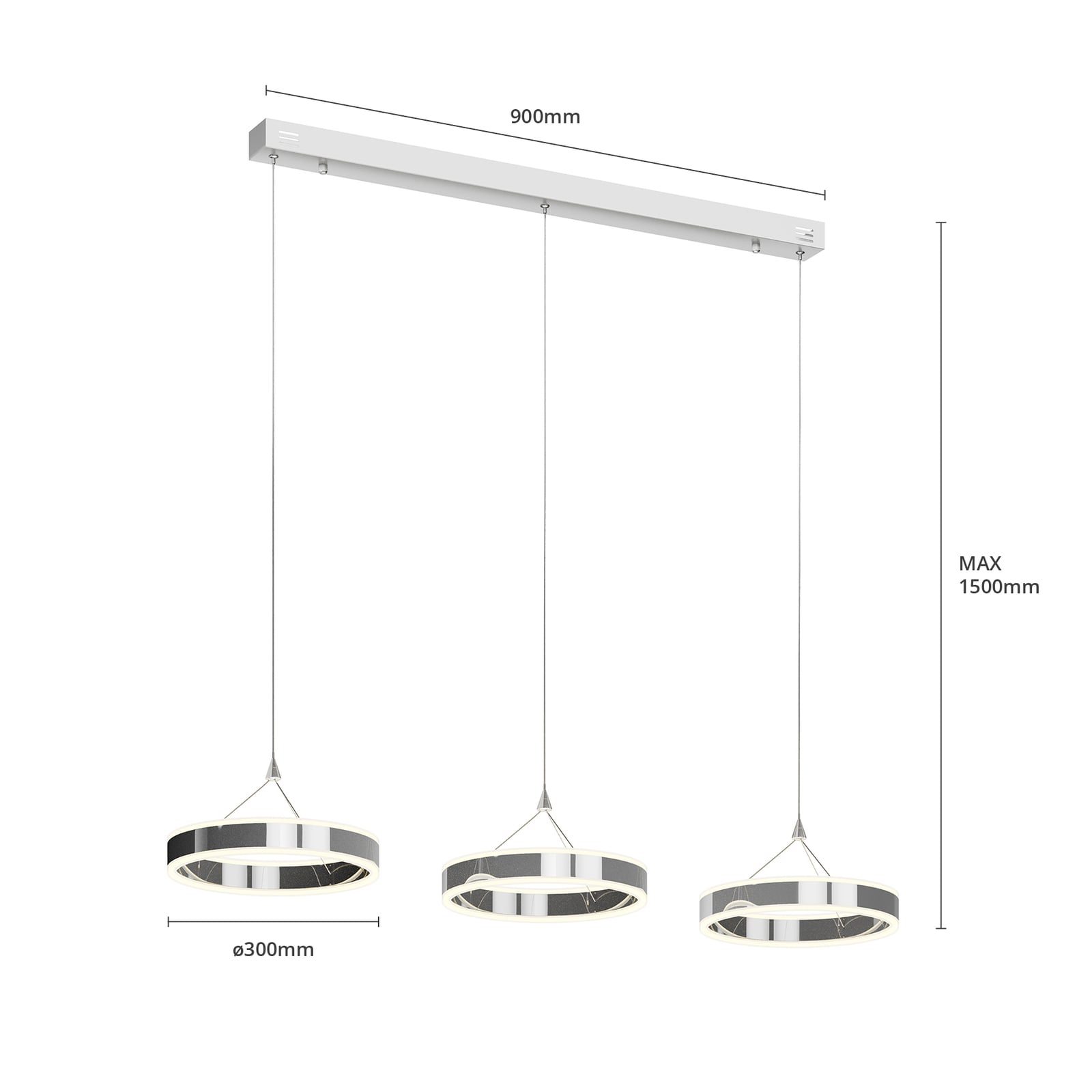 LED pendellampe Lyani 3-lys krom dimbar 115 cm lys i mørkt rom