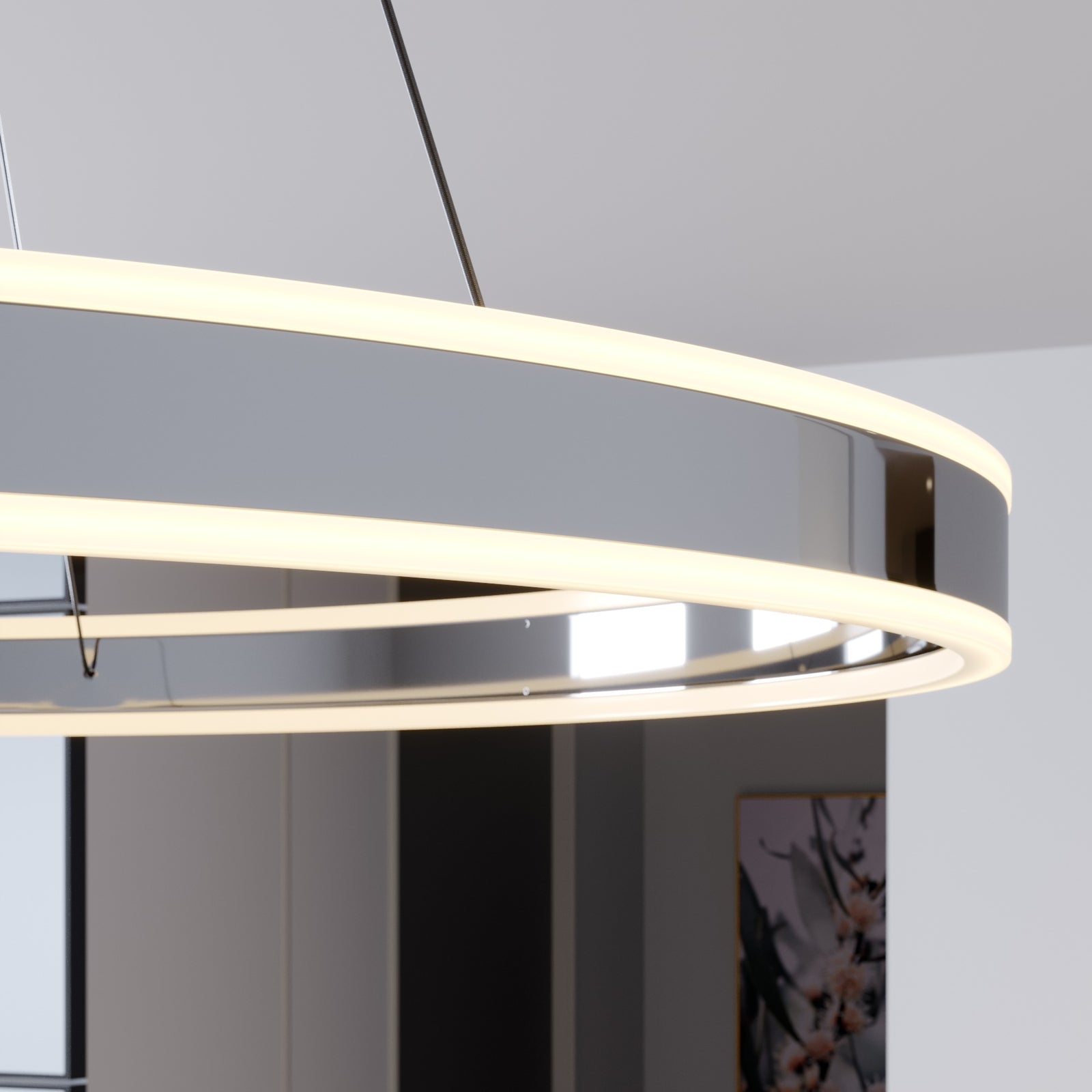 LED pendellampe Lyani ringform krom dimbar Ø80 cm nærbilde av LED-lys