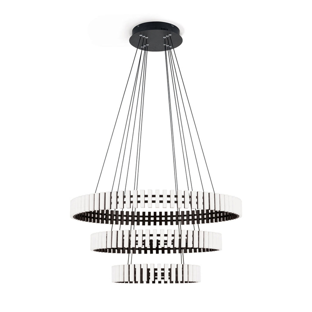 Nærbilde av akrylelementer i LED pendellampe Mansion dimbar svart/hvit akryl Ø80 cm