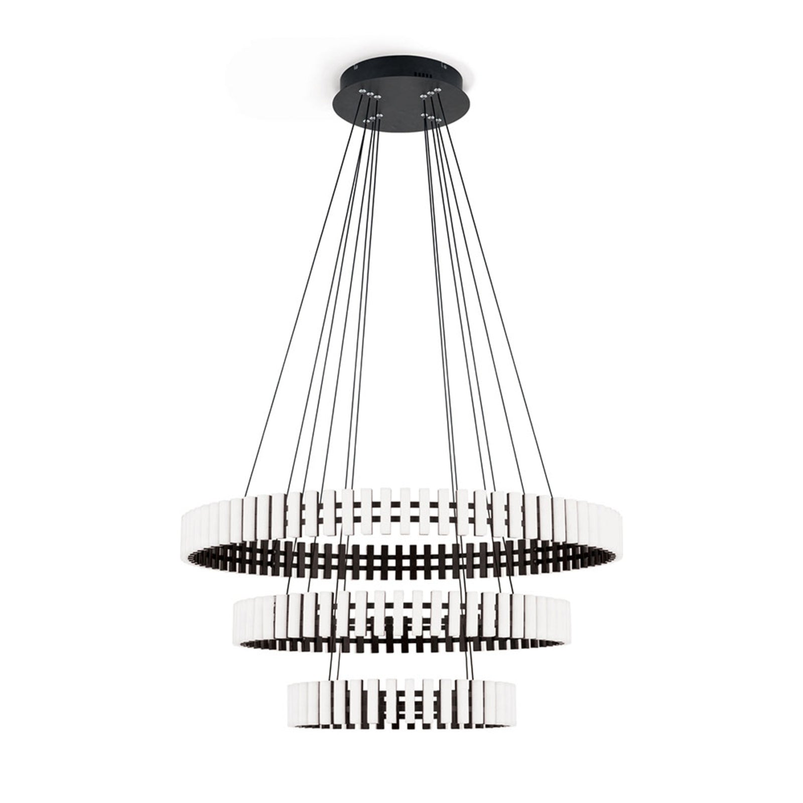Nærbilde av akrylelementer i LED pendellampe Mansion dimbar svart/hvit akryl Ø80 cm
