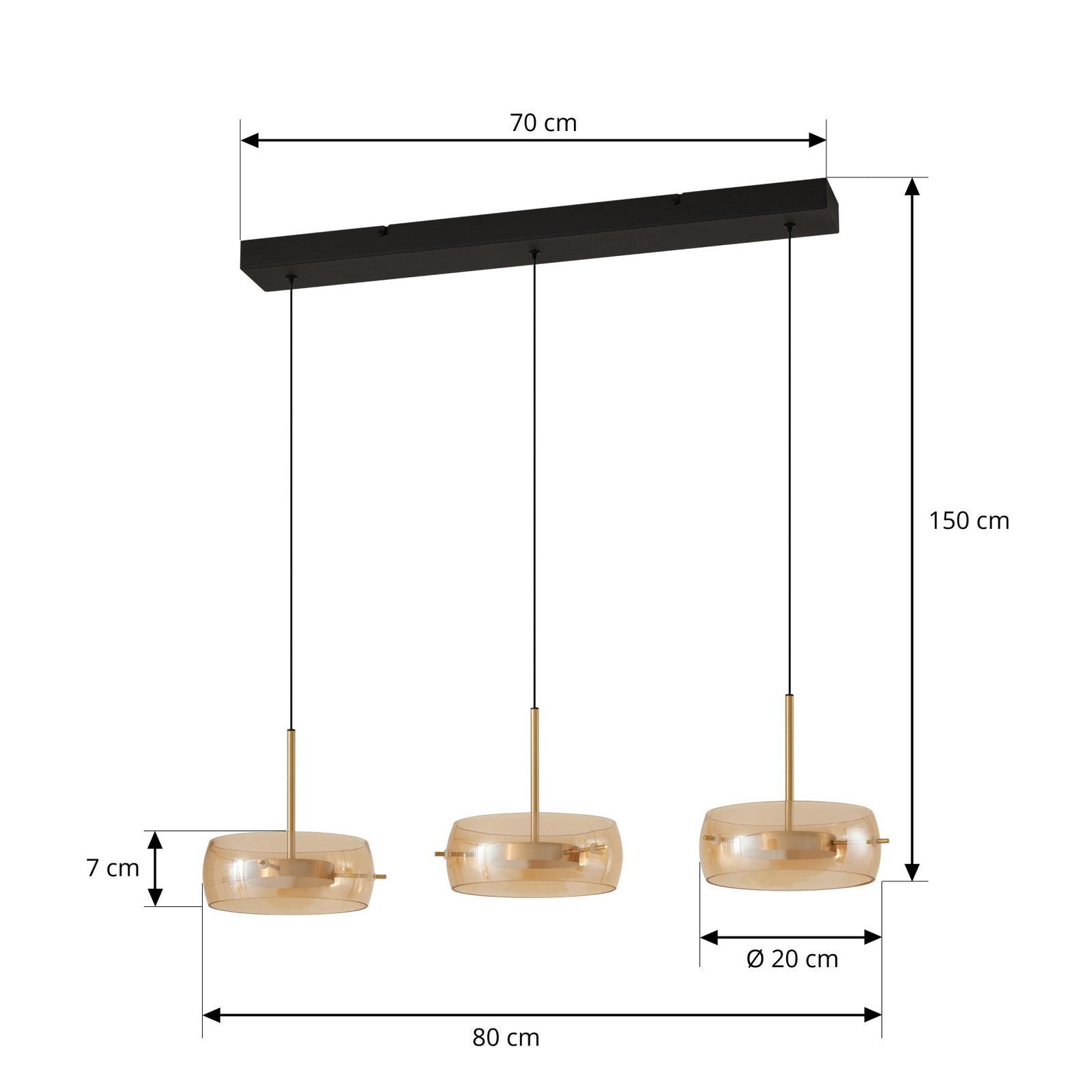 LED pendellampe Martis 3-lys amber dimbar 80 cm detalj av glass og metall