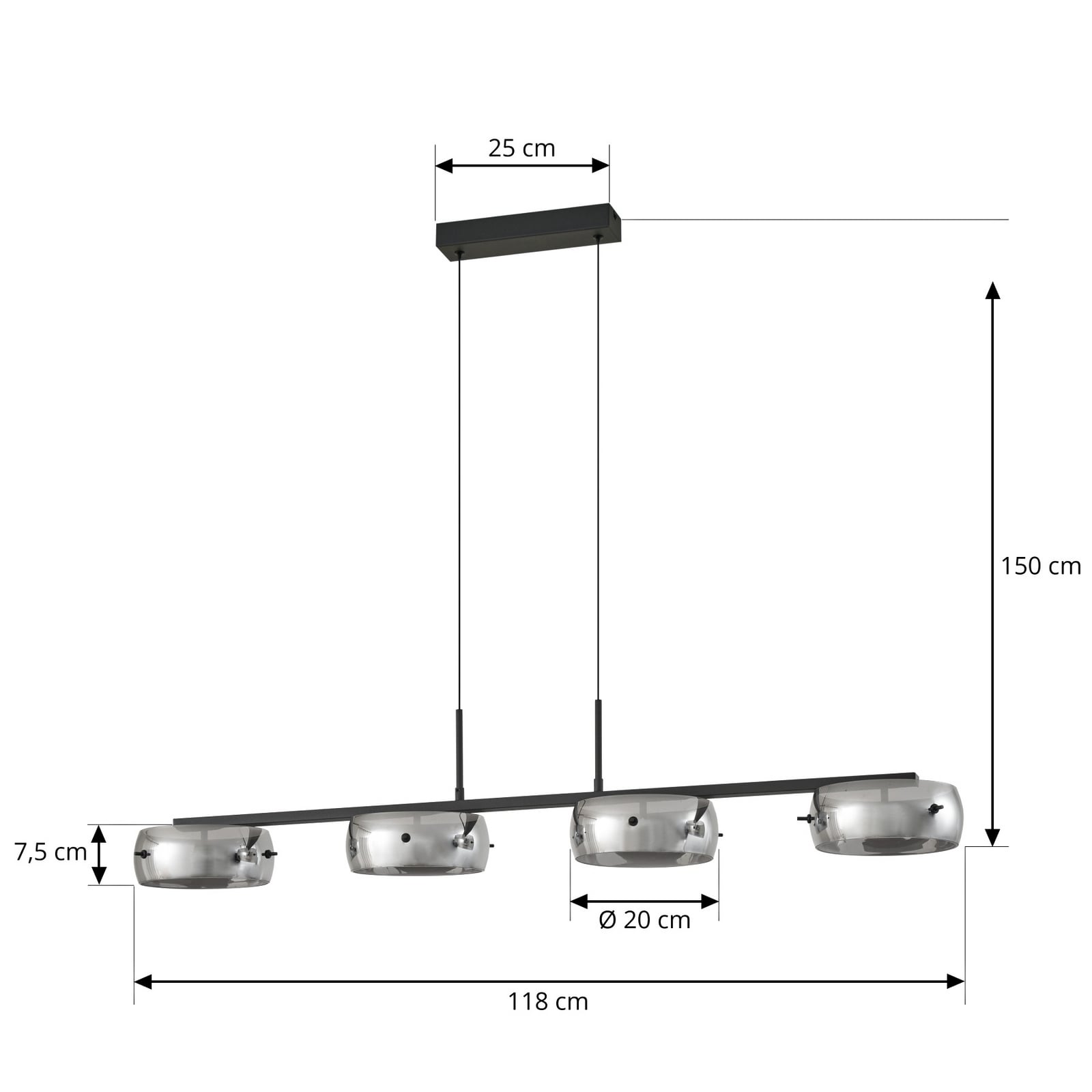 LED pendellampe Martis 4-lys svart glass dimbar detalj av glass